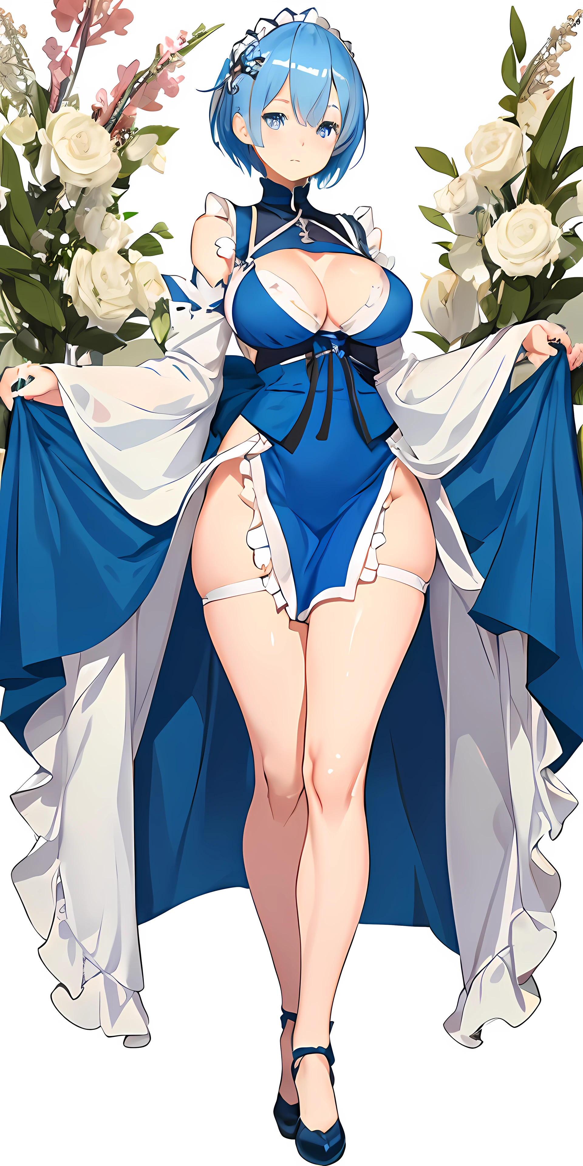 Rem, re: zero, short blue hair, blue eyes, detailed eyes, beautiful face, Medium boobs, thick thighs, shiny body, oily body, shiny skin, correct anatomy, half body, (beautiful detailed eyes), slender body, young cute face, red tones, {mostly naked}, full body, whole body, ((white apron)), ((no clothing)) , {{detailed clothing}}, ((detailed hair)), ((correct anatomy)), ((shy)), head dressed, cute expression, holding utensils, standing pose