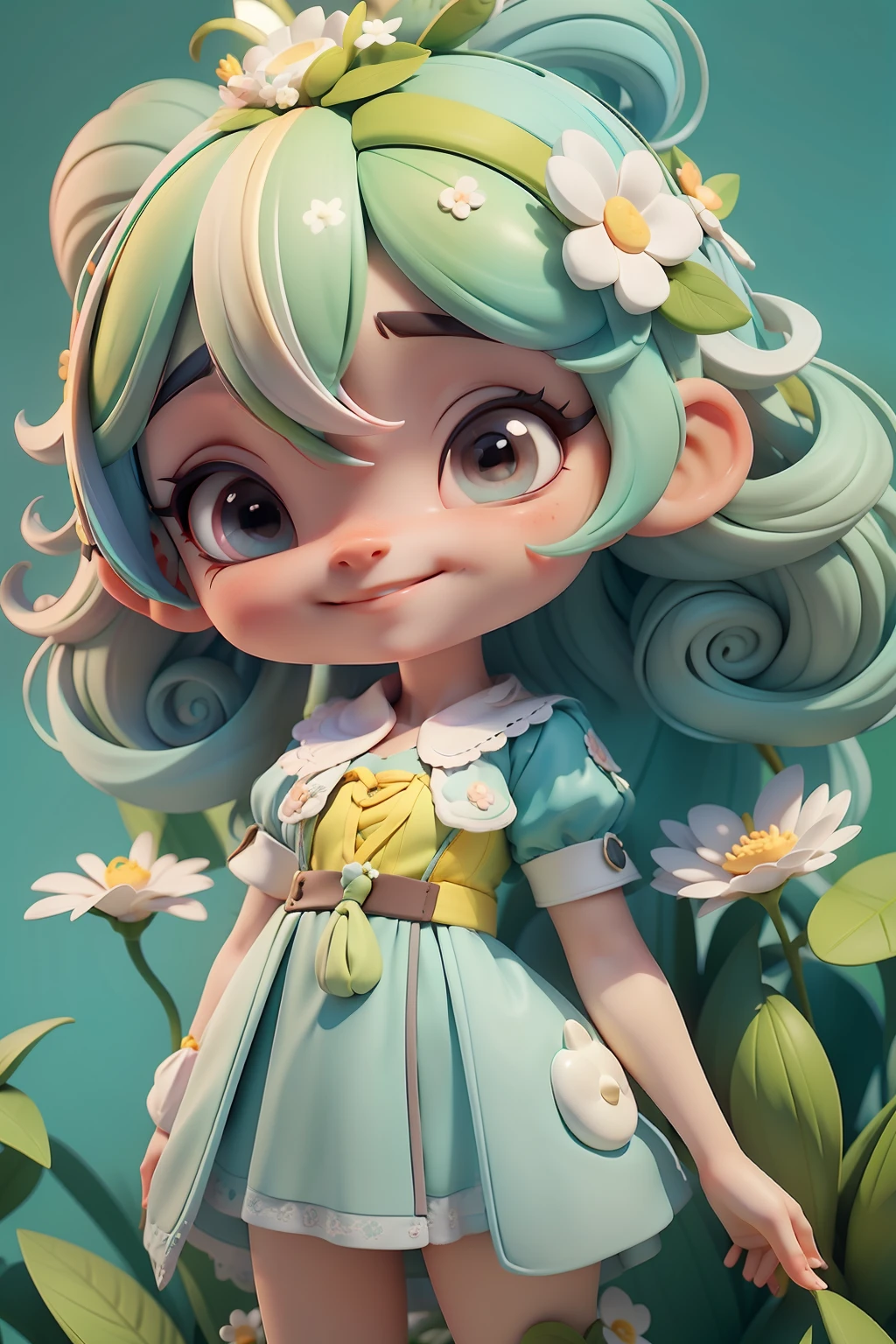 Avatar ,sorriso meigo e delicado, multicolorida, vestida com uma jardineira, corpo inteiro,pele clara e olhos delicados e definidos,cartoon 3D com blusa delicada,, casaco peludinha, cabelos multicolor, fundo simples e branco