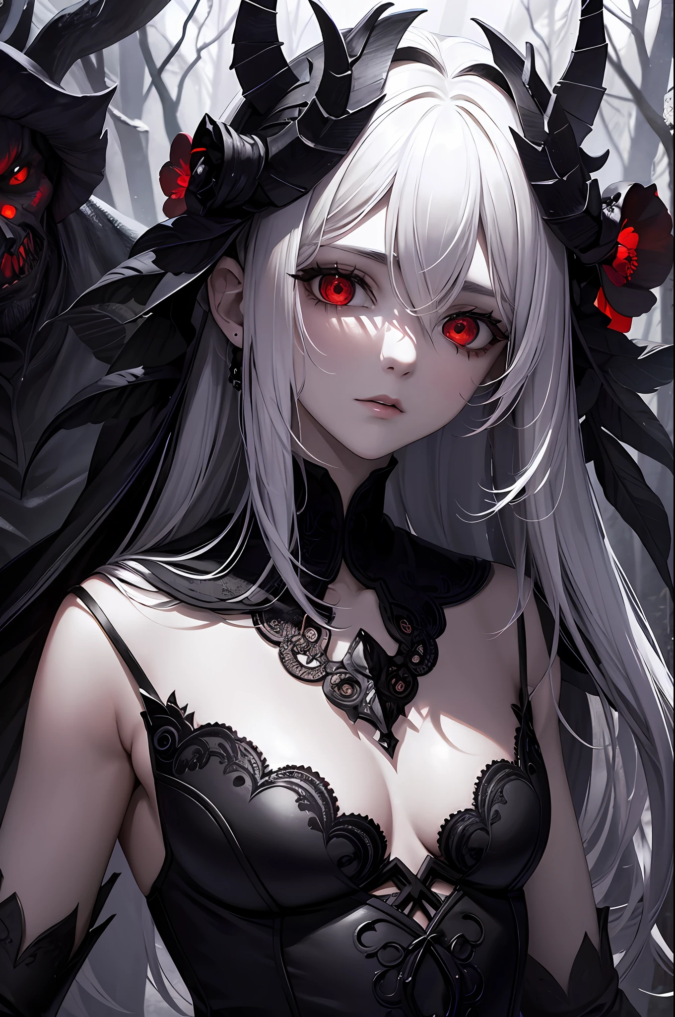 offcial art, Unity 8k wallpaper, Ultra detailed, Beautiful and aesthetic, High quality, Beautiful, Masterpiece, Best quality, (zentangle, mandalas, Tangled, entangle:0.6), Black and white photo of man and girl in dark forest, (Male monster next to girl), Gloomy, Dark, limited palette, Long straight black hair, Garlic flowers, goat skull, (Red, black), (Horror), (Gloomy), Blood, occult, The demons