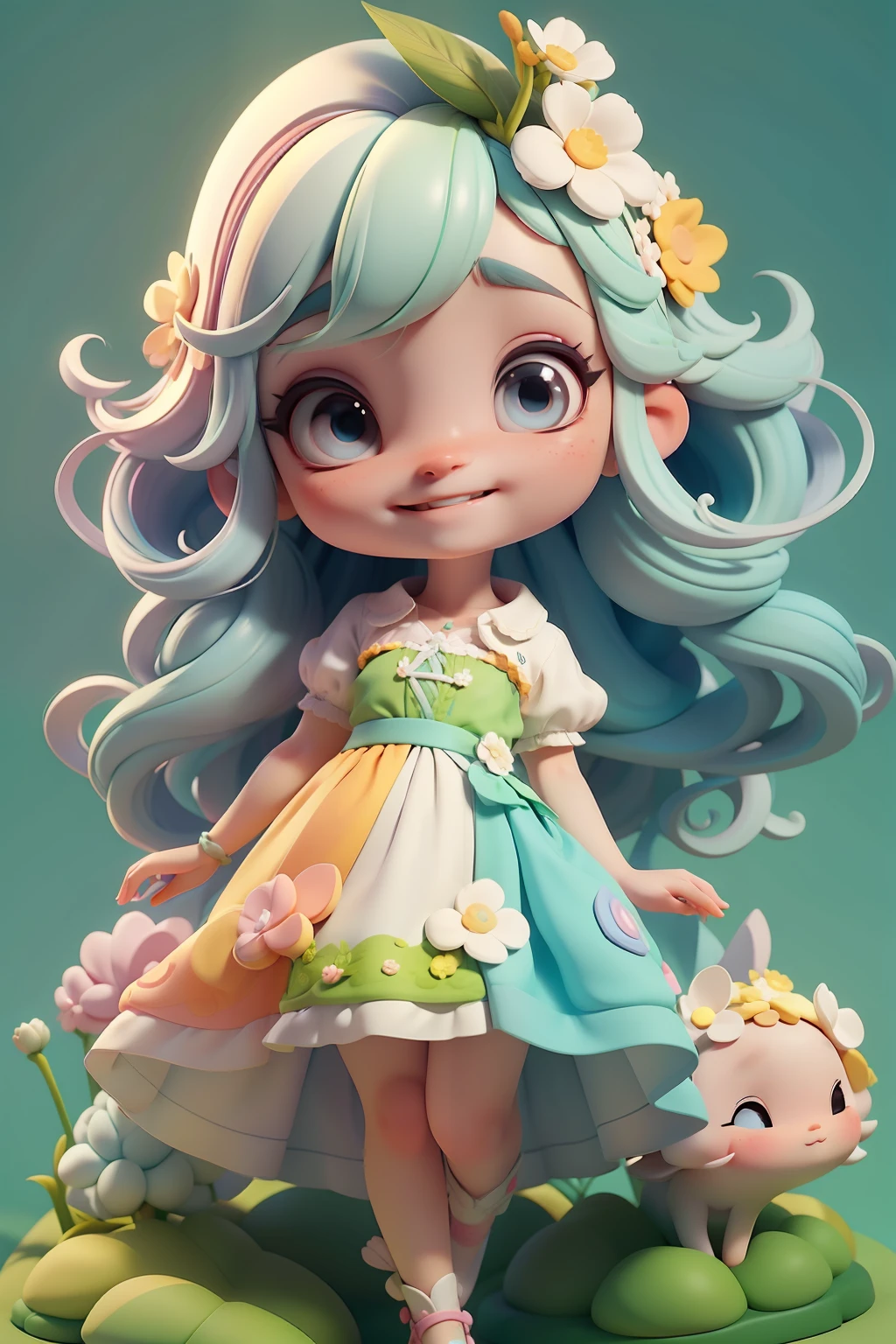 Avatar menina,sorriso meigo e delicado, multicolorida, vestida com uma jardineira, corpo inteiro,pele clara e olhos delicados e definidos,cartoon 3D com blusa delicada,, casaco peludinha, cabelos multicolor, fundo simples e branco