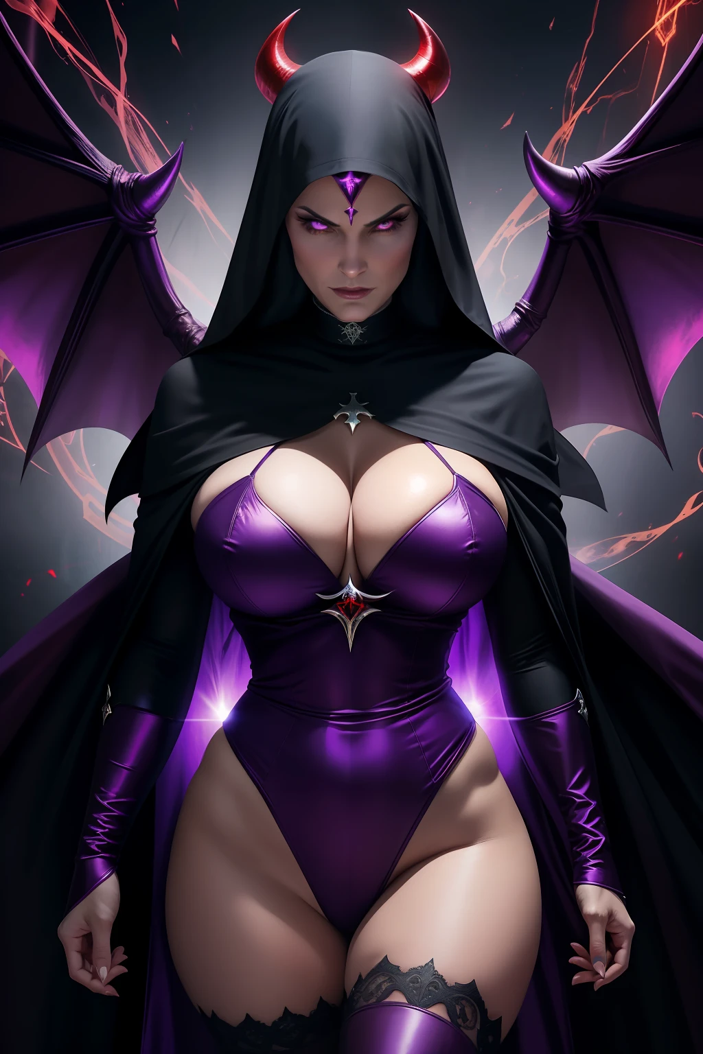 Lisa Ann : The evil nun, Demon horn on the head, Demon wings in the back , an evil red glow emanating from her, His hands preparing a sphere of purple energy, diabolique, insidieux, Context of the Satanic Church