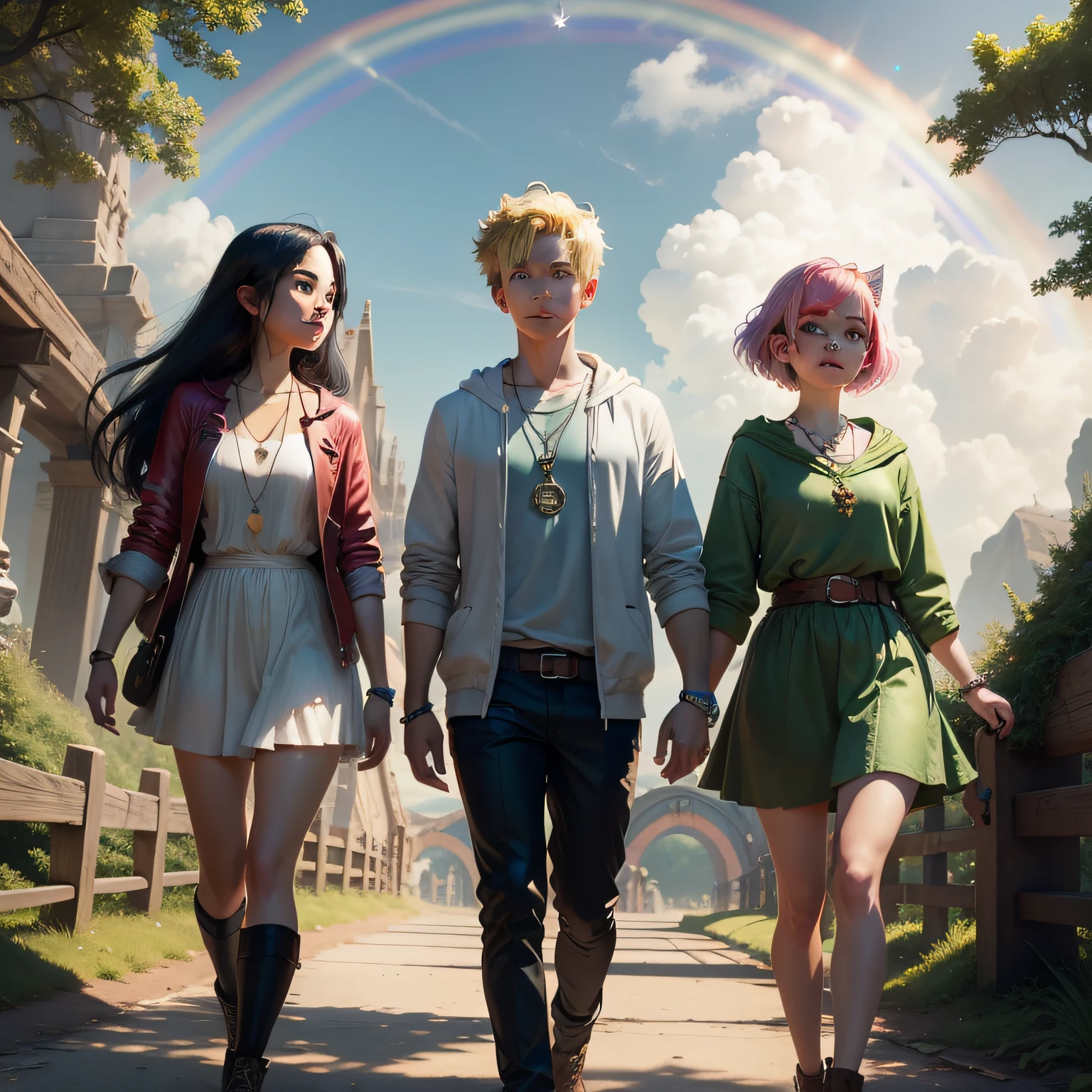 Create an image showcasing Max, Sparkle, and Lily on their quest to find the lost necklace. Depict them solving riddles, crossing rainbow bridges, and helping the creatures they meet along the way.