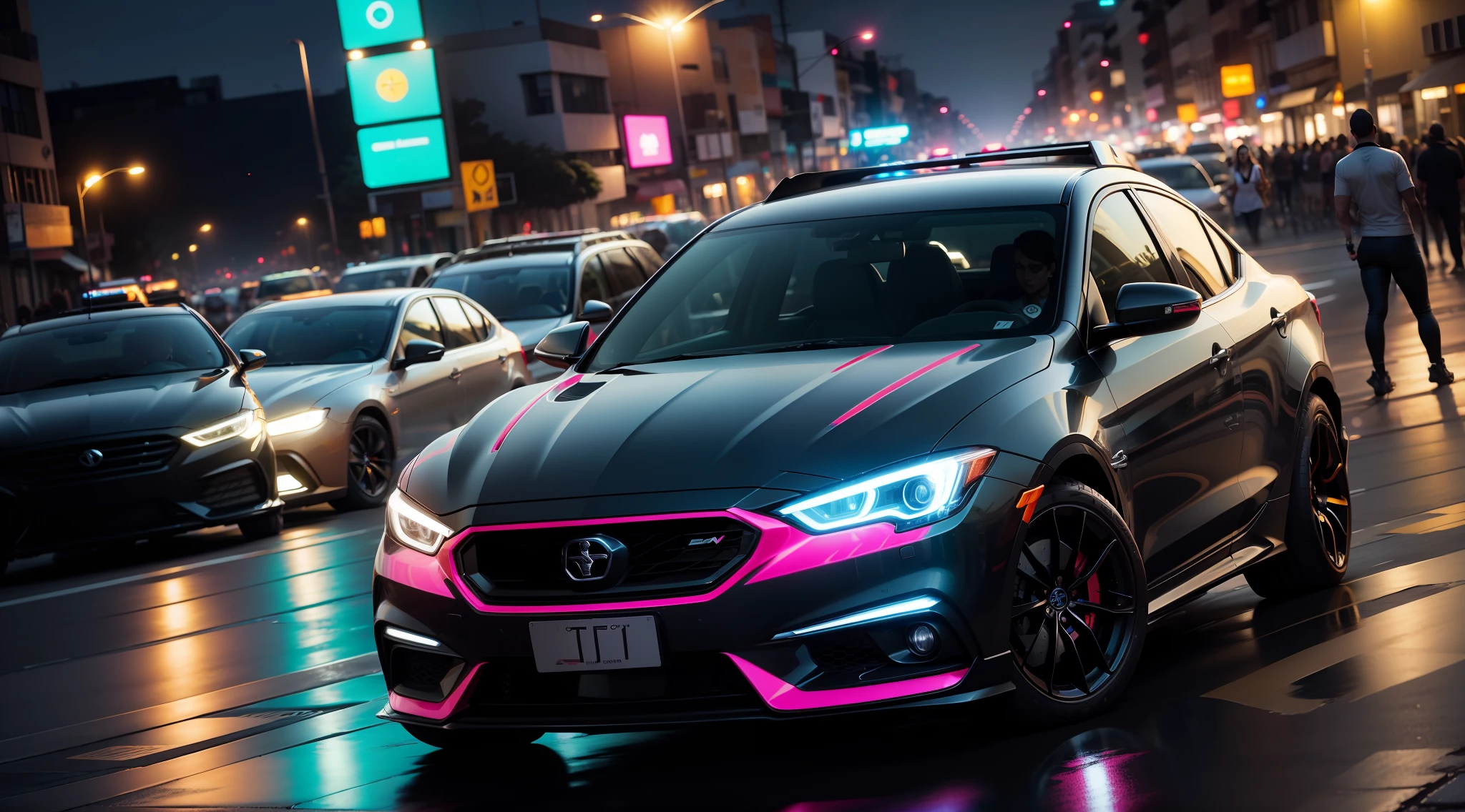 carro em rua a noite nova yorke neon, com uma mulher PERFEITA E REALISTA encostada