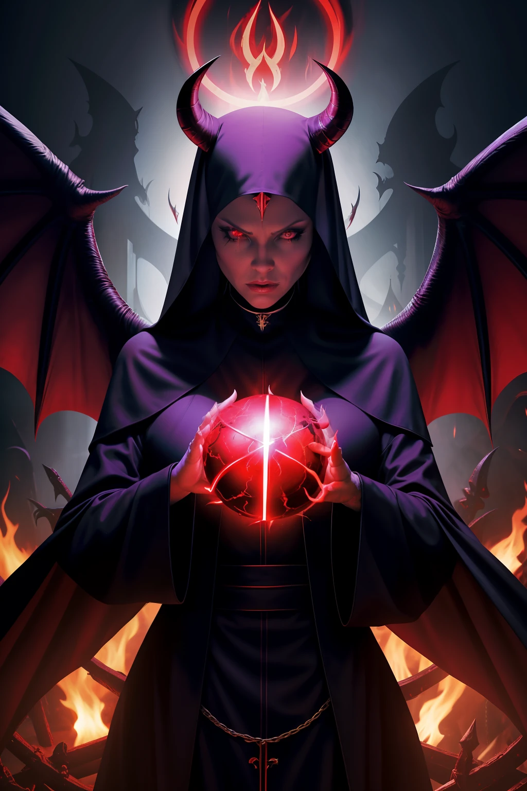 Jenna Jameson : The evil nun, Demon horn, Demon wings on the head , an evil red glow emanating from her, his hands preparing a purple ball of fire, diabolique, insidieux, Context of the Satanic Church