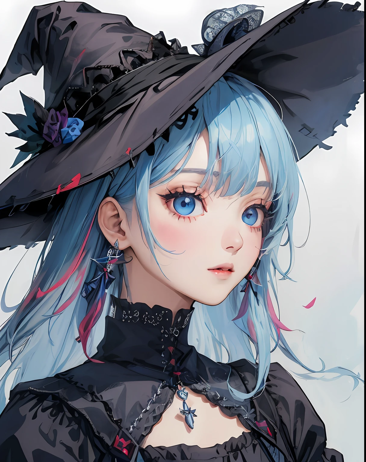 The Witch，Witch hat，Gothic skirt，Sky blue hair，ear jewelry，simplebackground，portraitures，delicated face，详细的脸，Pick dyeing，Pattern，Complicated details，tmasterpiece，high qulity，