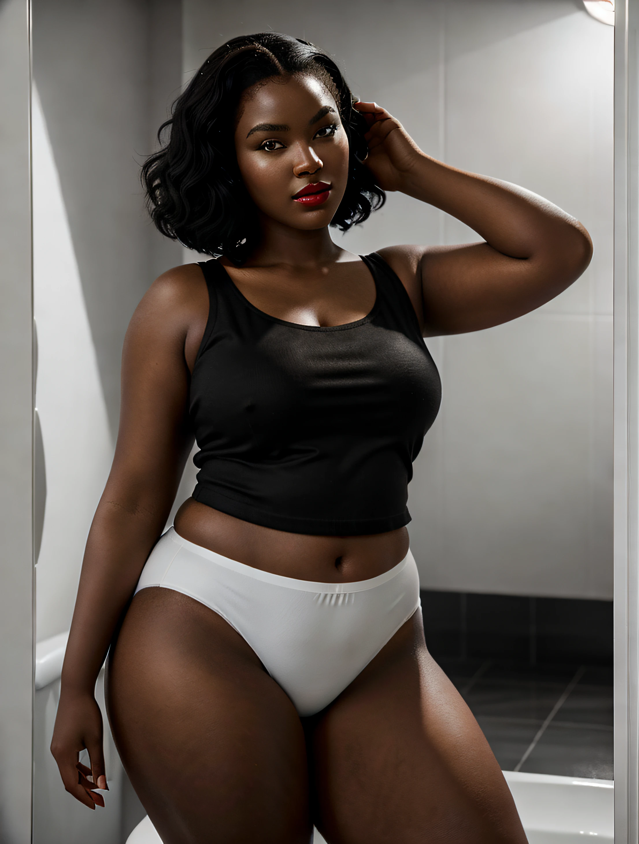 ((masterpiece, best quality)), plus-sized black woman with medium length (black hair) in white tanktop and (white high cut panties), dark brown eyes, red lipstick, standing in bathroom, (well lit room), photo realistic, intricate details