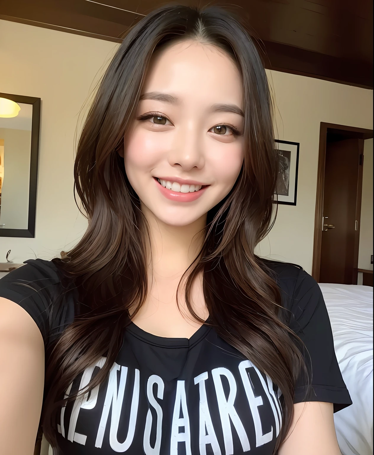 ((top-quality、8K、masterpiece:1.3))、1girl in、Beautiful woman with plump abs emphasized:1.3、(The long-haired、Colossal tits:1.2)、Sleep in a hotel、in tshirt、Super delicate face、wholesome、二重まぶた、A smile that showed teeth、Random color clothes、Looking at the camera、Big smile、Look here、Look at me with your eyes wide open、Cozy feeling、Lying in bed、tshirts