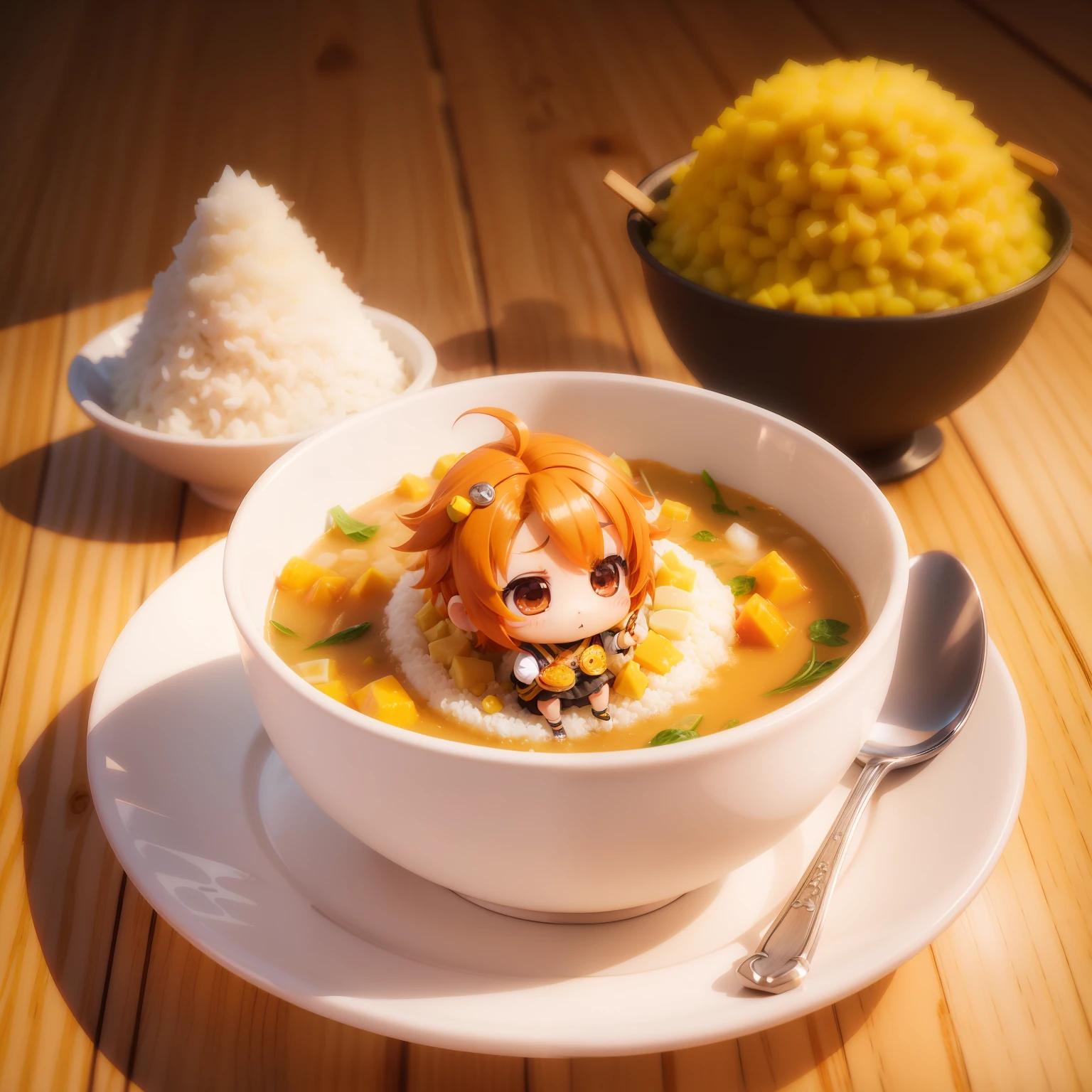 (((chibi3d))) cute and beautiful chibi anime//Unkempt hairstyle with orange shortcuts,Rice in a bowl🍚,Pose of Masuta🙏,Corn potage,Seafood Salad🥗,Placemat,