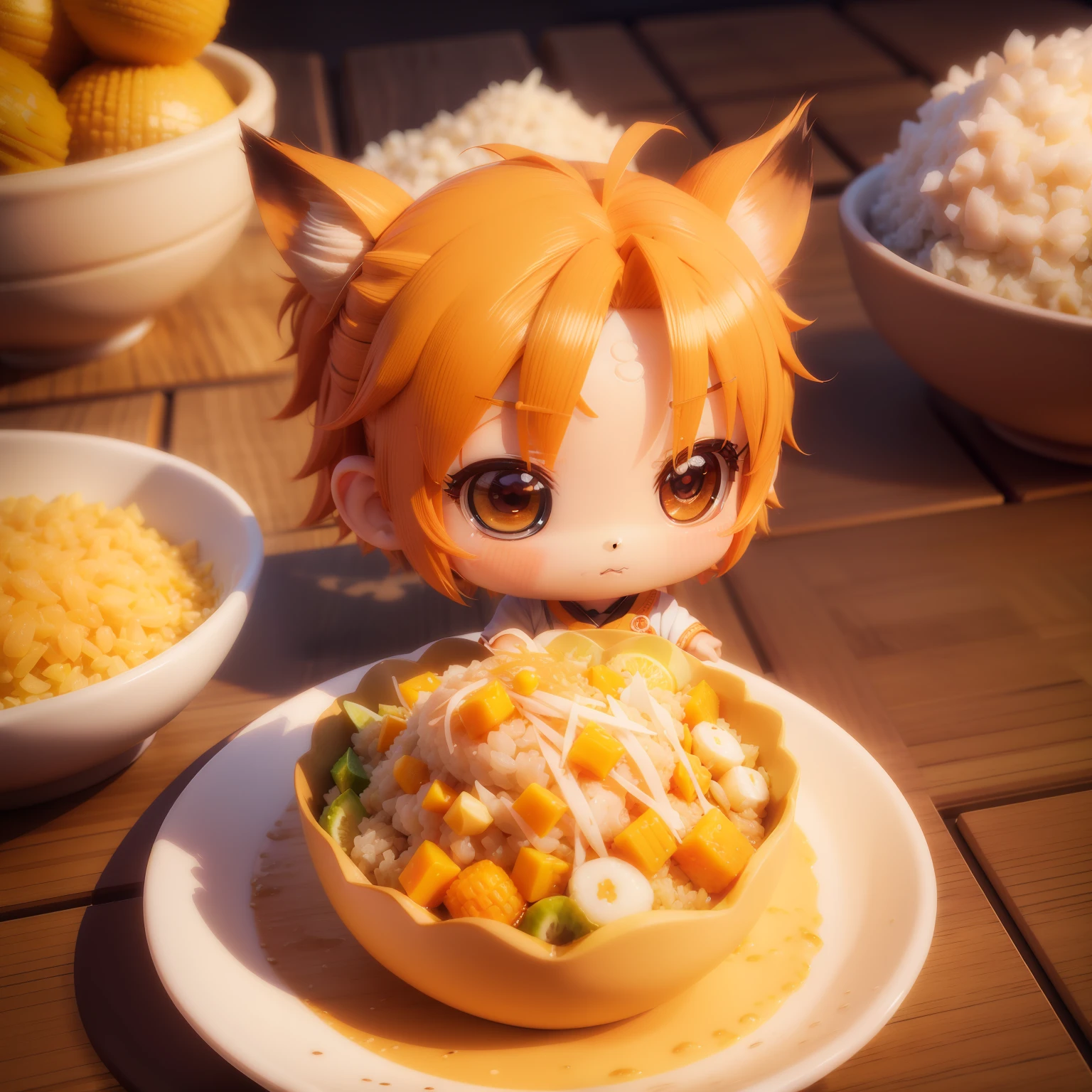 (((chibi3d))) cute and beautiful chibi anime//Unkempt hairstyle with orange shortcuts,Rice in a bowl🍚,Pose of Masuta🙏,Corn potage,Seafood Salad🥗,Placemat,
