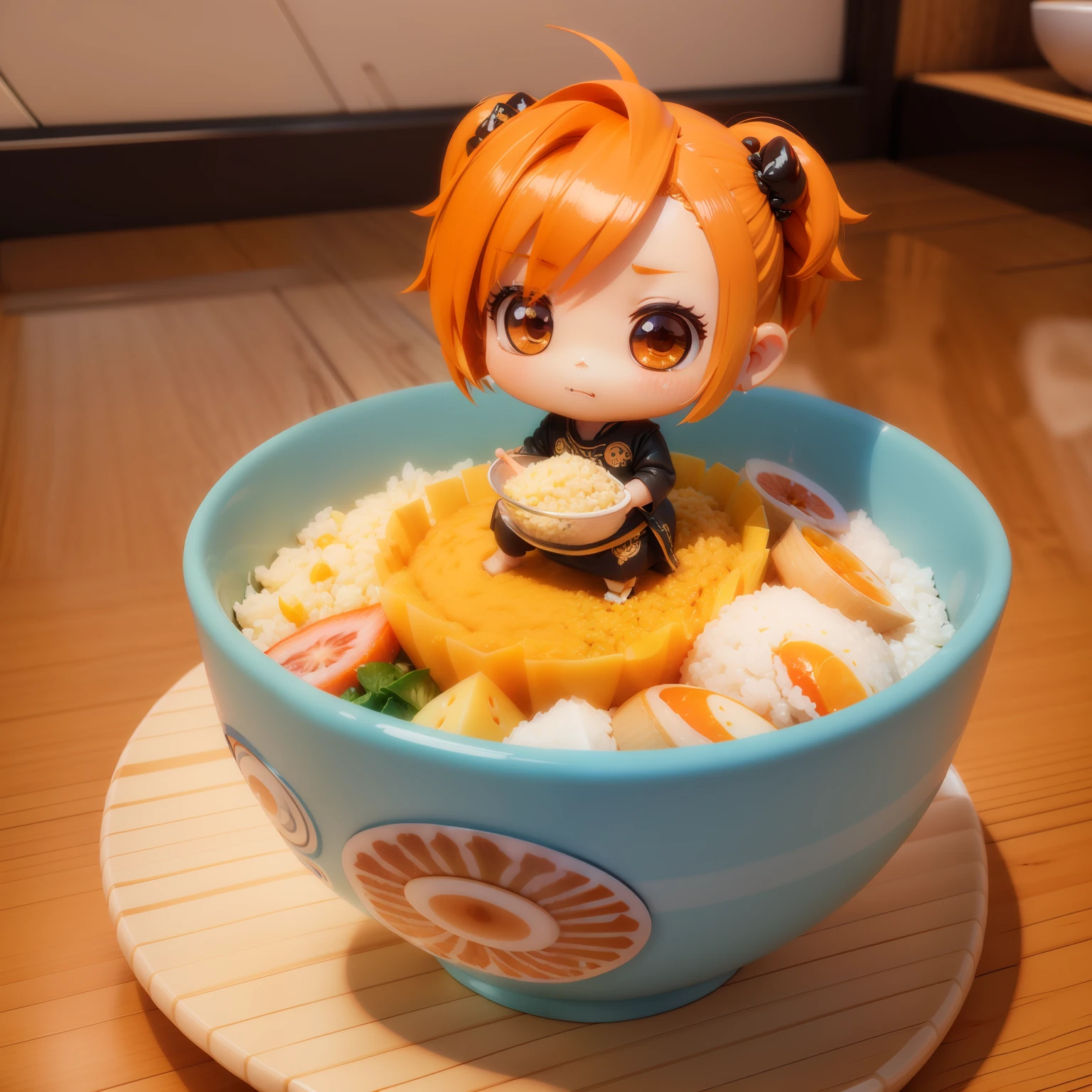 (((chibi3d))) cute and beautiful chibi anime//Unkempt hairstyle with orange shortcuts,Rice in a bowl🍚,Pose of Masuta🙏,Corn potage,Seafood Salad🥗,Placemat,