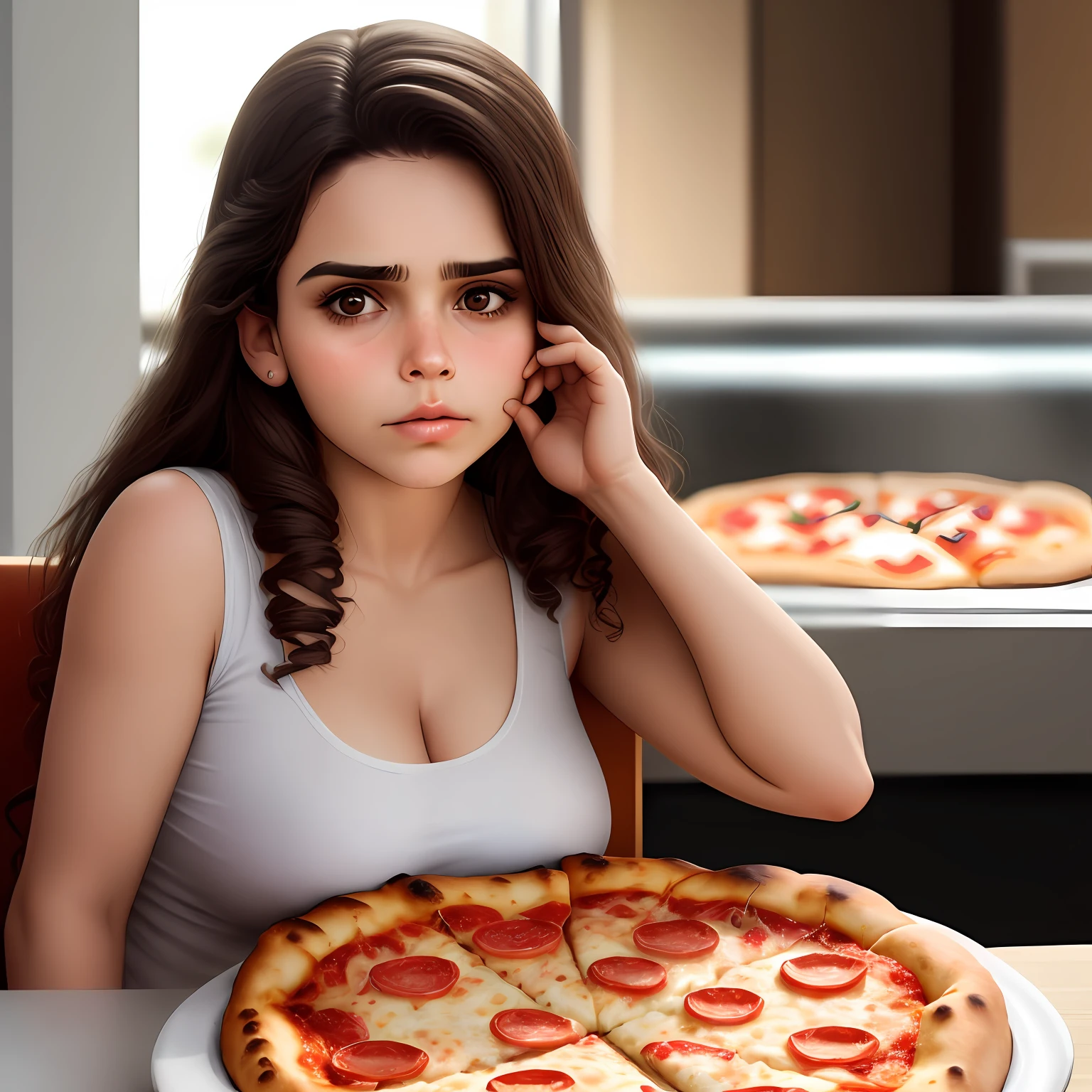 mulher com sobrepeso, triste, frustrada, comendo pizza