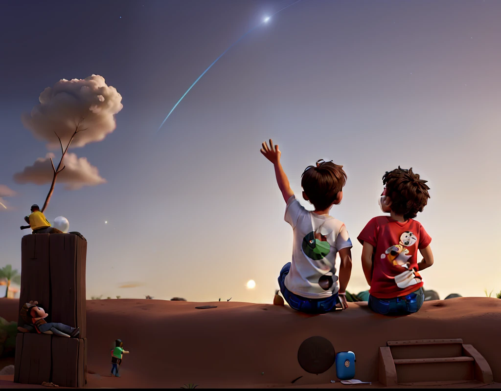 obra prima, Two young men on their backs looking up at the star-filled sky, um de cabelo black-power com detalhes loiros, pele negra camiseta vermelha bem detalhada, ao seu lado outro jovem garoto da cor morena, with cap, e camiseta vermelha, Ao fundo, A beautiful and well-detailed starry sky, com algumas casas humildes de tijolos, em 8k bem iluminado, no estilo pixar disney