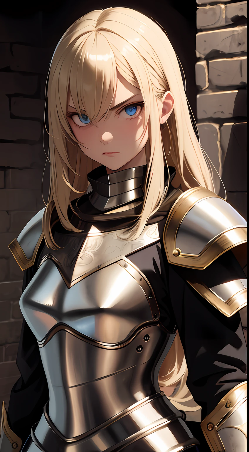 masterpiece, best quality, absurdres, beautiful girl, platinum armor, detailed engraving, engraved breastplate, upper body, looking at viewer, medieval, angry, sad, blonde hair, punishment cell, dungeon, dark stonework room, night, highres, ultra detailed, finely detail, detailed eyes and face and skin, sharp pupils, realistic pupils, sharp focus, slightly light