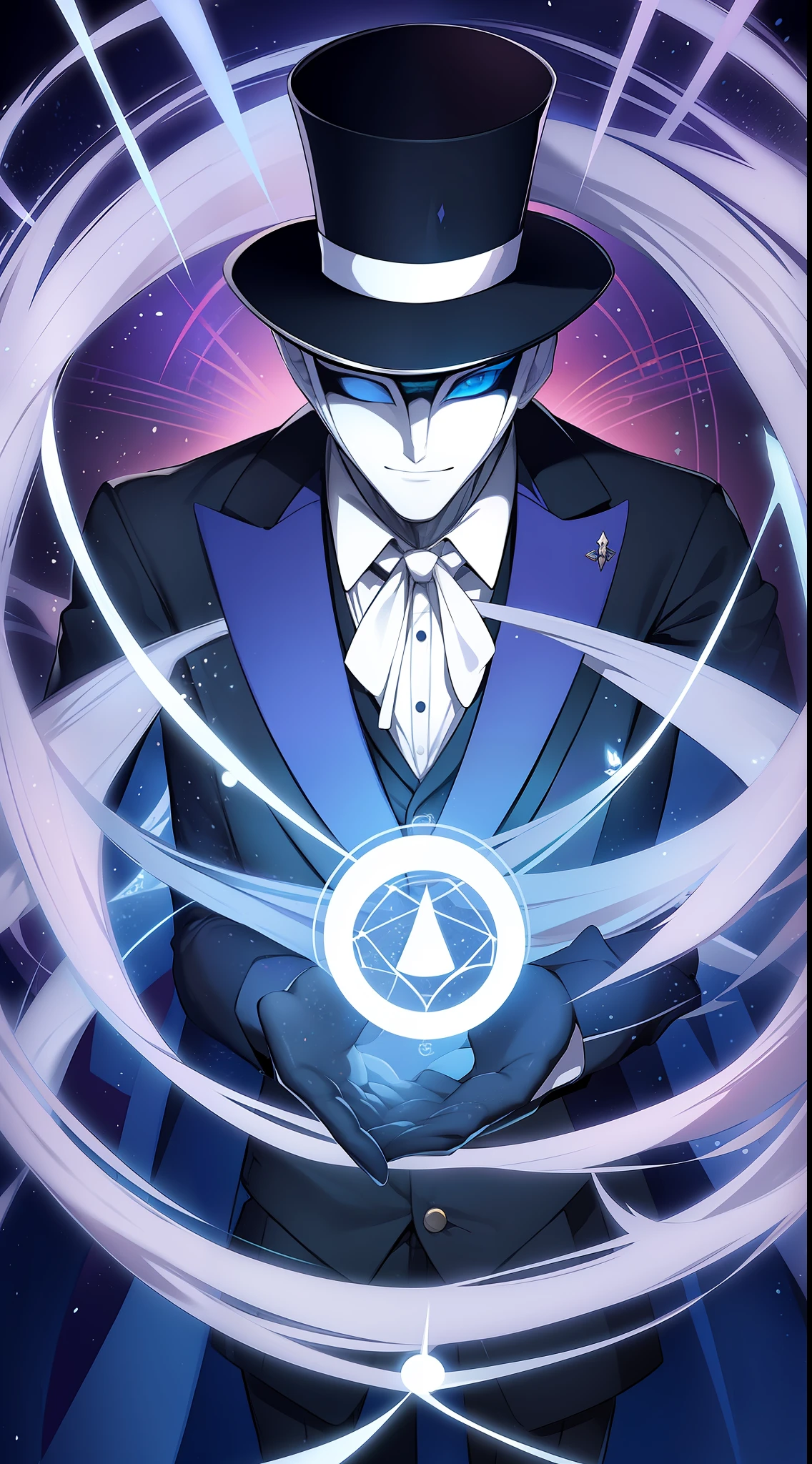 a magic wearing a suit and a top hat using a white mask with floating tarot cards surrounding him, mask with a hand drawing, mask, masked, mask hiding all the face