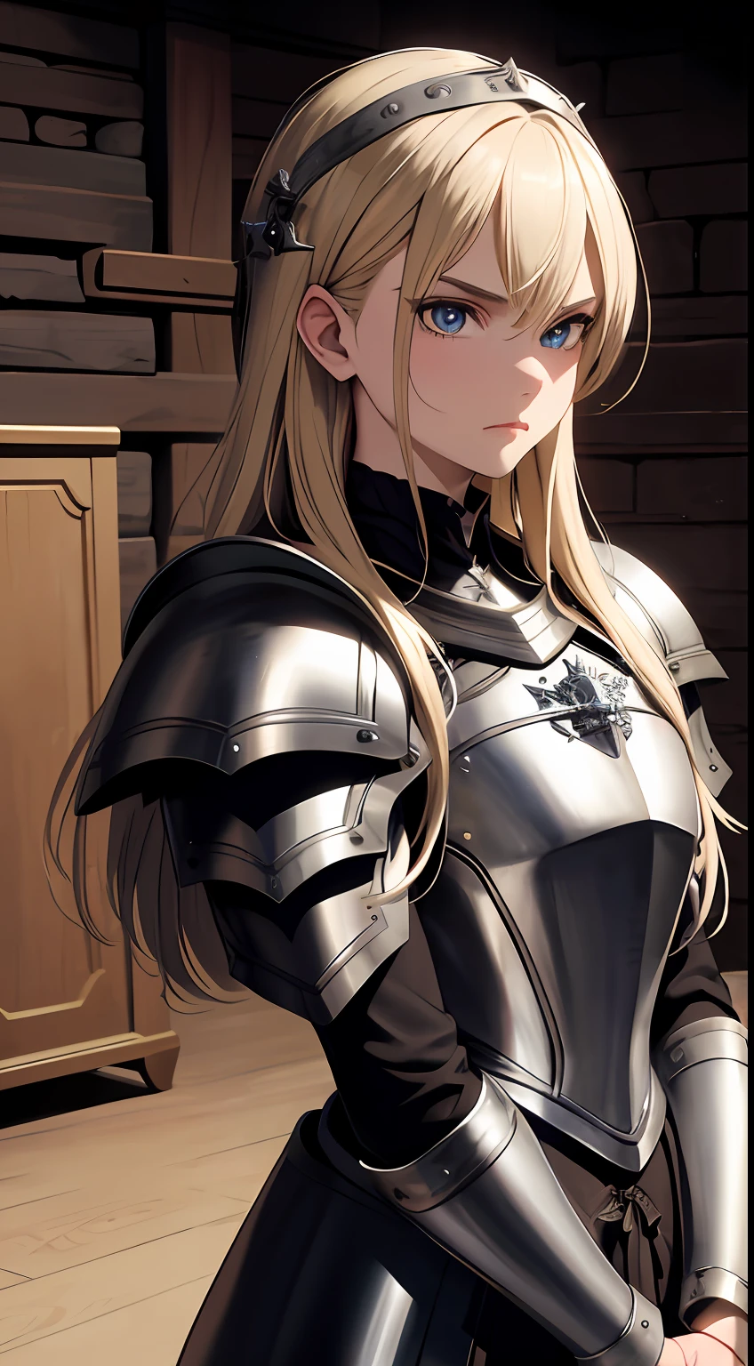 masterpiece, best quality, absurdres, beautiful girl, platinum armor, detailed engraving, engraved breastplate, upper body, looking at viewer, medieval, angry, sad, blonde hair, punishment cell, dungeon, dark stonework room, night, highres, ultra detailed, finely detail, detailed eyes and face and skin, sharp pupils, realistic pupils, sharp focus, slightly light