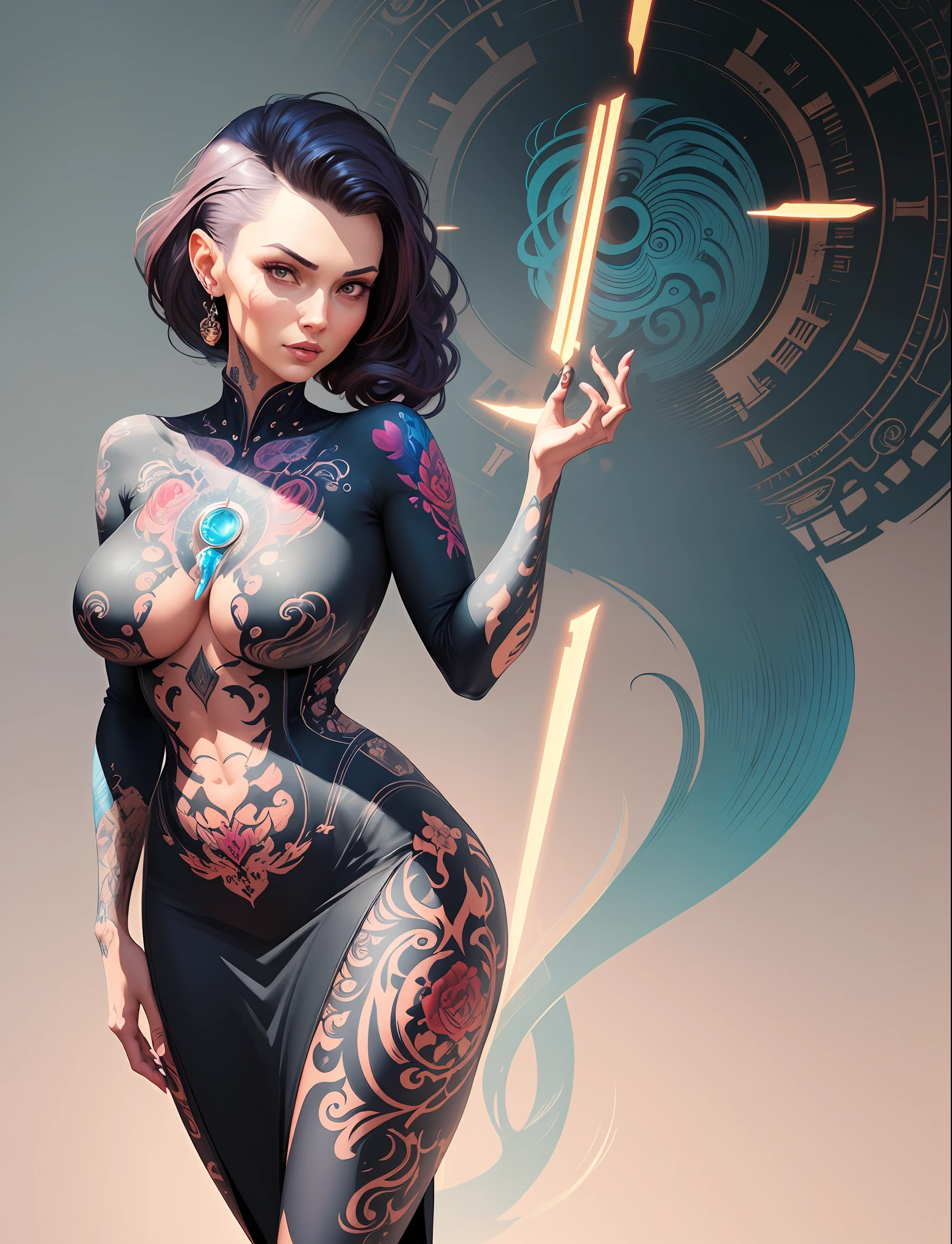 there is a woman with tattoos on her chest and a clock, in style of digital illustration, a beautiful artwork illustration, art cover illustration, colored illustration for tattoo, tattooed pinup, by Galen Dara, stunning digital illustration, exquisite digital illustration, illustration art, by Eddie Mendoza, art cover, digital illustration -, tattoo style, stylized digital illustration, full color illustration