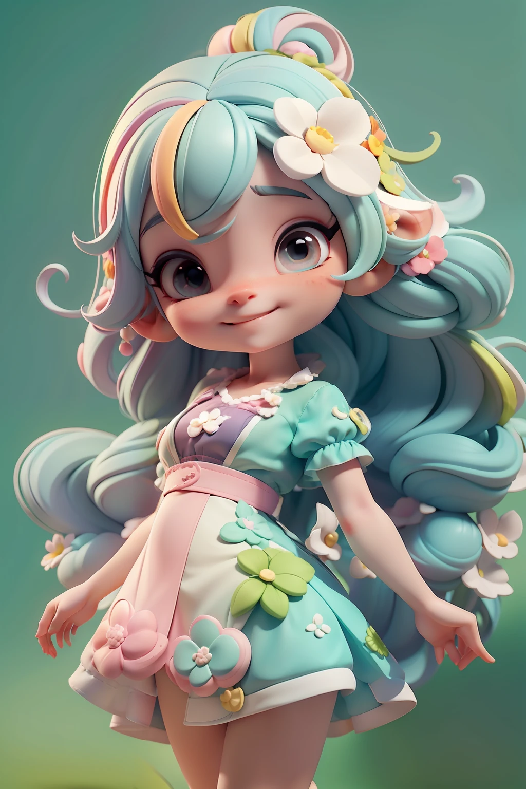 Avatar menina,sorriso meigo e delicado, tons multicolorida, vestida com uma jardineira, corpo inteiro,pele clara e olhos delicados e definidos,cartoon 3D com blusa delicada,, casaco peludinha, cabelos multicolor, fundo simples e branco