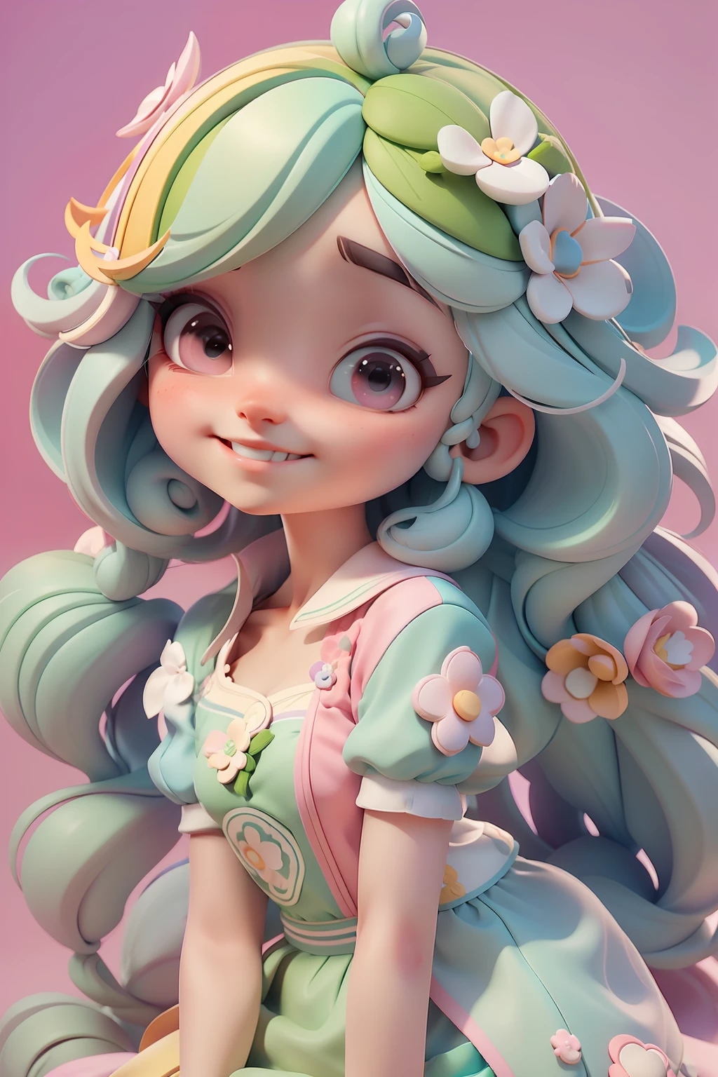 Avatar ,sorriso meigo e delicado, tons multicolorida, vestida com uma jardineira, corpo inteiro,pele clara e olhos delicados e definidos,cartoon 3D com blusa delicada,, casaco peludinha, cabelos multicolor, fundo simples e branco