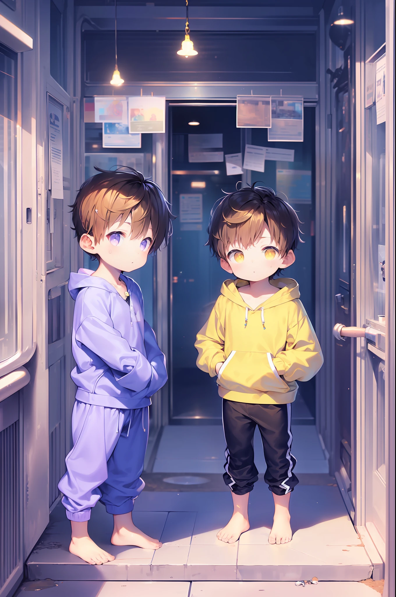 2 Little boys with golden colored hair and shiny, glowing purple eyes and barefoot and small feet, who wear a yellow oversized hoodie and sweatpants, die auf einem Fenstersims sitzen, flush, Jung, Junge, Kind, klein, Kleinkind, tiny feet, (Jogginghose:1.4), (Jung:1.4), (Kind:1.4), (Shota:1.4), (Kapuzenpullover:1.4), (standing on tiptoes:1.4)