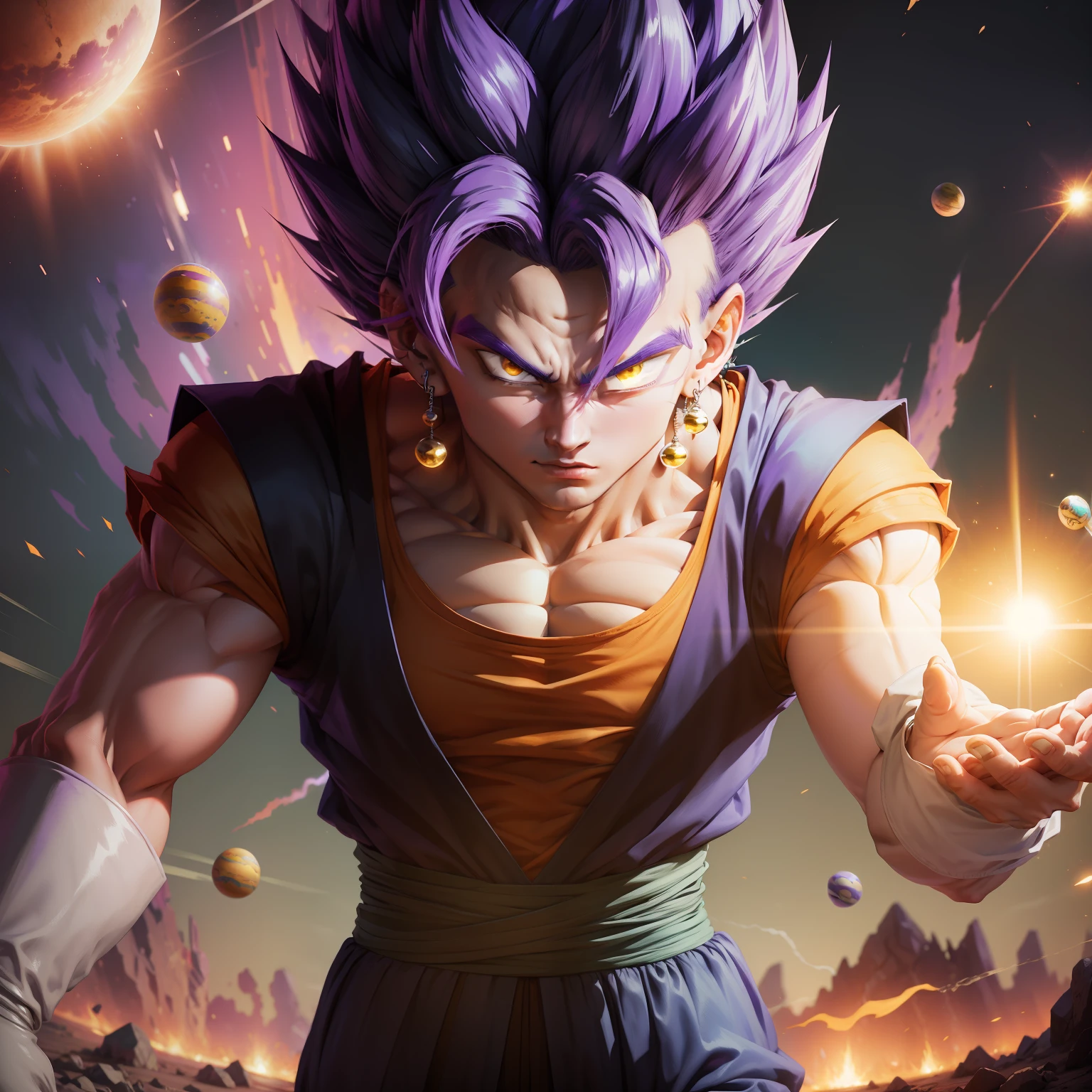 Vegetto with purple hair and purple eyebrow and yellow eyes with a planet being destroyed in the background