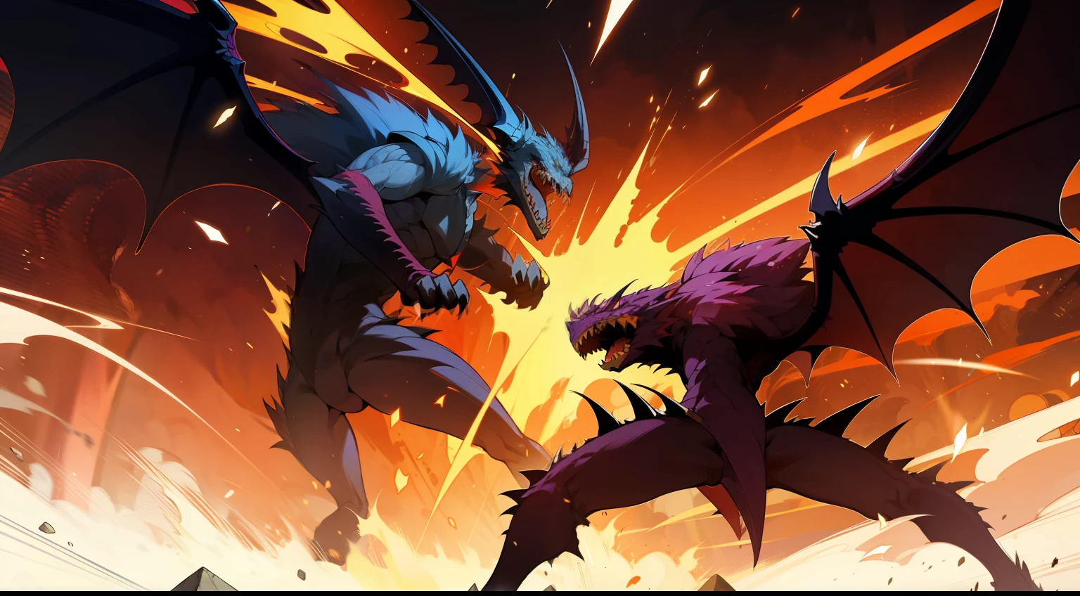 In a scene straight from the pages of a graphic novel, a demonic dragon lets loose a torrent of energy from its menacing jaws, aimed at a defiant adversary demon dragon. The detailed illustration style captures the moment with a mix of intricate linework and dynamic composition. The color palette ranges from fiery oranges to deep purples, enhancing the intensity of the exchange. The color temperature shifts dramatically, highlighting the clash of elements. The dynamic lighting adds depth and motion, enhancing the impact. The atmosphere resonates with an overwhelming sense of power and confrontation, as the dragons collide in a cataclysmic clash. --v 5 --stylize 1000"