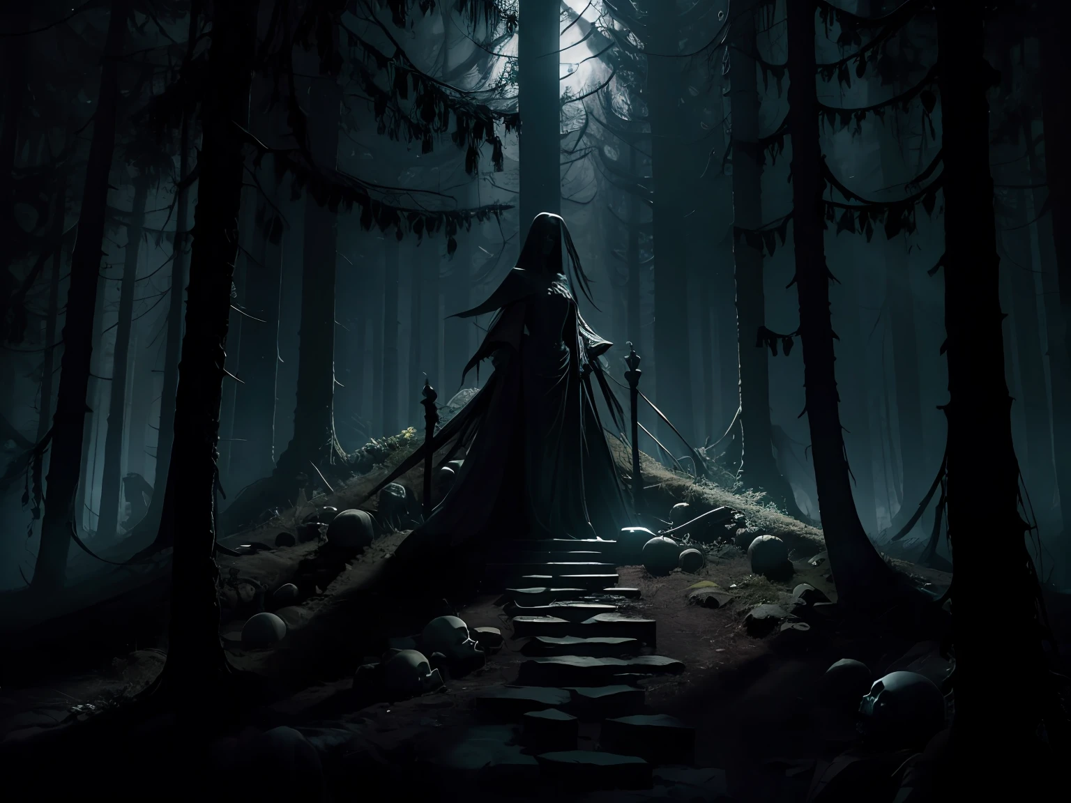 A STATUE OF A TERRIFYING WOMAN on top of human skulls in a dense, dark forest at night in the moonlight of the full moon, Clima denso, gothic horror vibes, arte de fantasia de terror, cores mortas