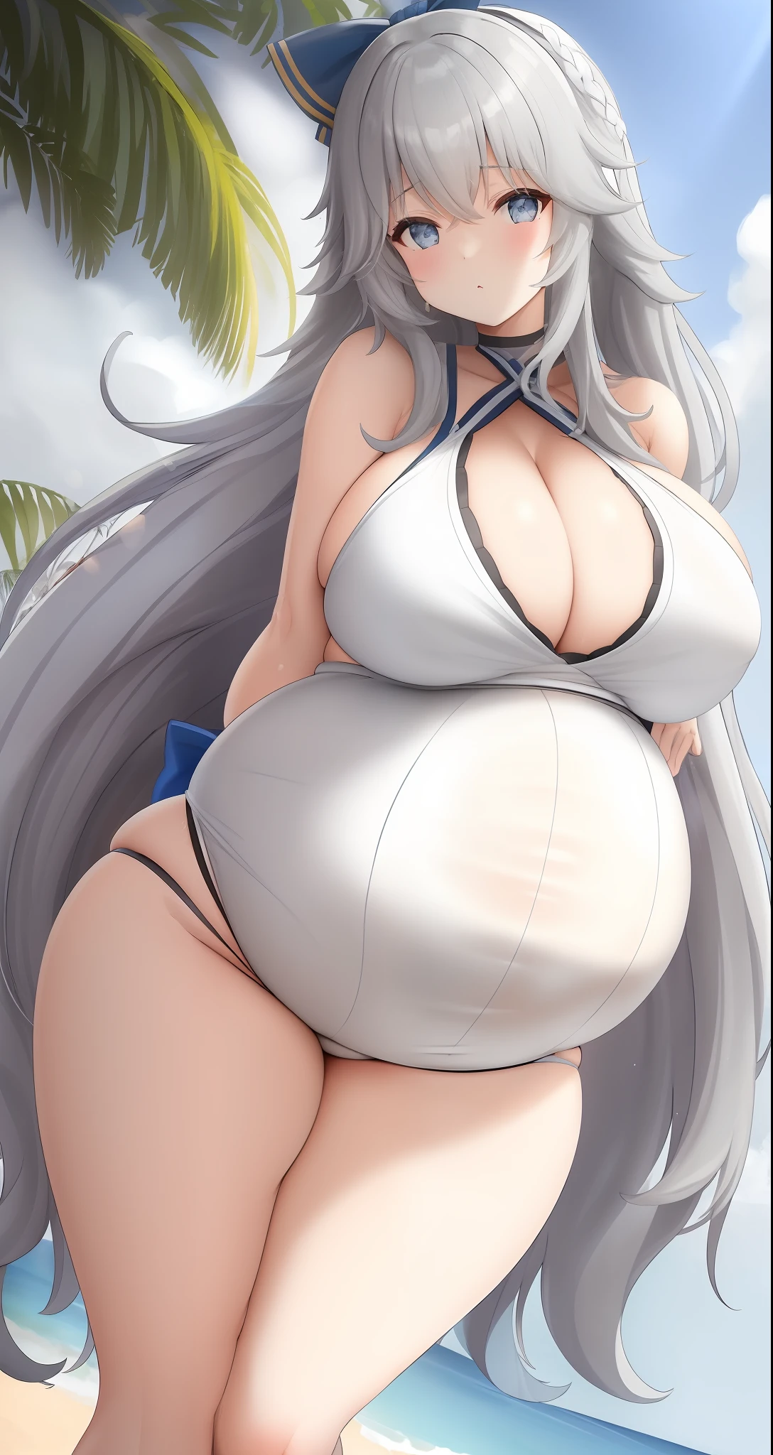 ((obra maestra)), ((mejor calidad)), ((Altas Resoluciones)), ((extremadamente detallado CG unidad 8k wallpaper))playa (playa)(ocean)bikini (bikini),(cabello gris:1.9) (híper pregnant)El cabello es de un color gris de longitud media ,Yumi Hara (Senran Kagura),(Senos grandes:1.9)(huge large pregnant :1.6)(ass)(muslos)Belly Expansion,(large Belly:1.5),belly al descubierto,has pale white skin and icy blue eyes. Her hair is a medium-length dark gray color that is slightly repressed at the back with a white bow that has blue stripes at the ends......., She wears a solid white kimono that hangs from her shoulders and exposes her chest......... The suit has a blue double-lined border with a light blue obi on the back.....,belly al descubierto,(belly al descubierto)