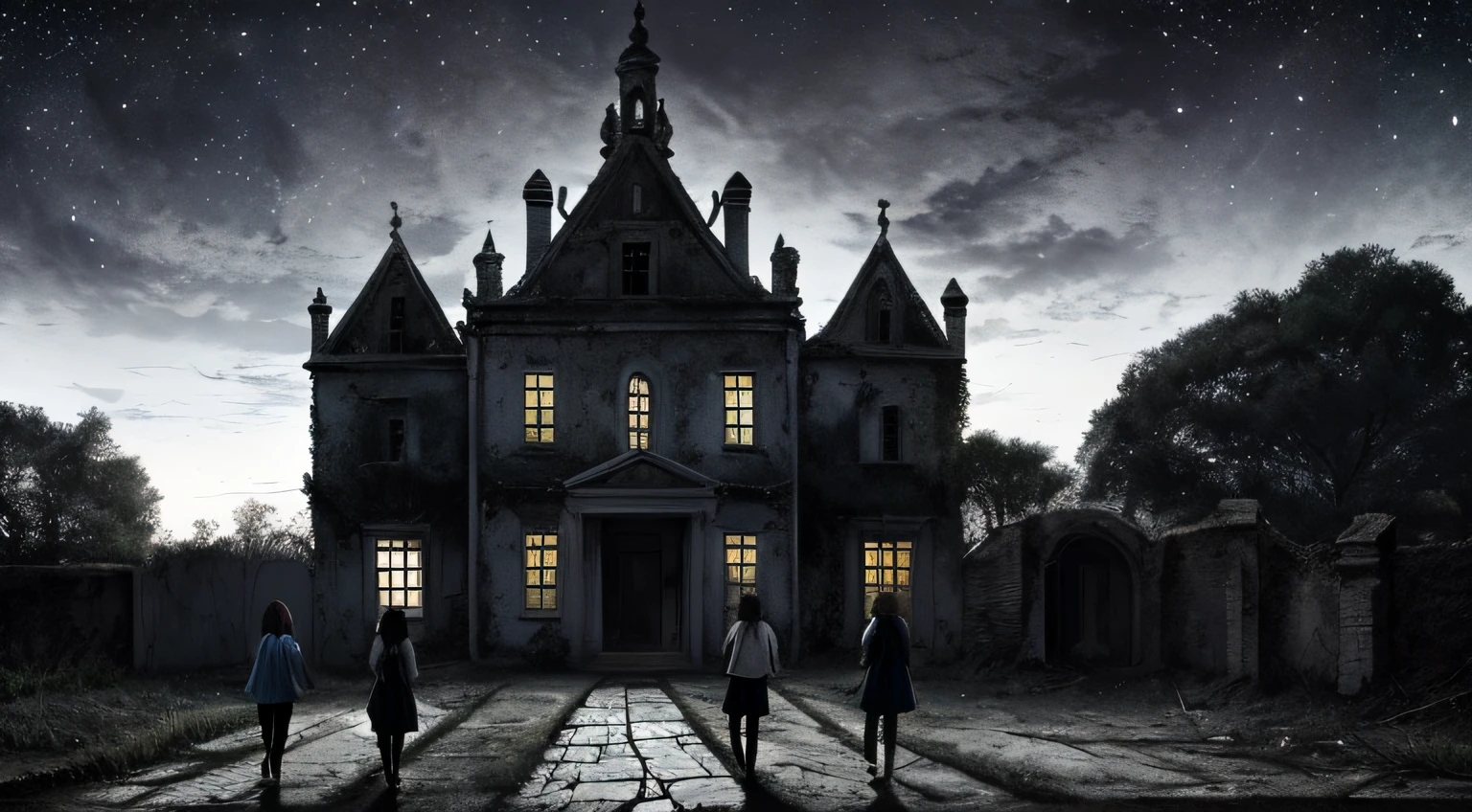 Um grupo de 4 adolescentes, 2 meninas, 2 garotos, Entering an abandoned mansion. With the dark sky in the pale moonlight like a veil of mystery.