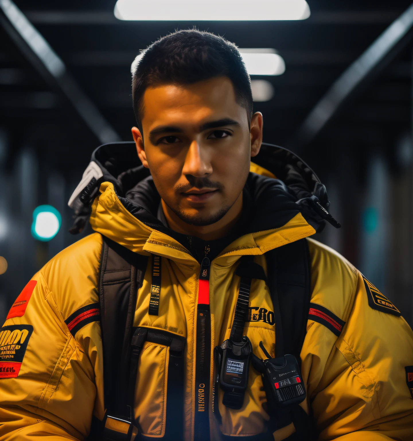 Homem de jaqueta amarela e jaqueta preta sentada, Retrato tirado 8 K, Retrato no meio da foto, Tiro em Sony A 7 III, Tiro na Canon EOS R5, Tiro na Canon EOS R 5, Anton Fadeev 8 K, Tiro na Nikon Z9, inspirado em Liam Wong, Tirado com Canon 5D MK4, foto de retrato