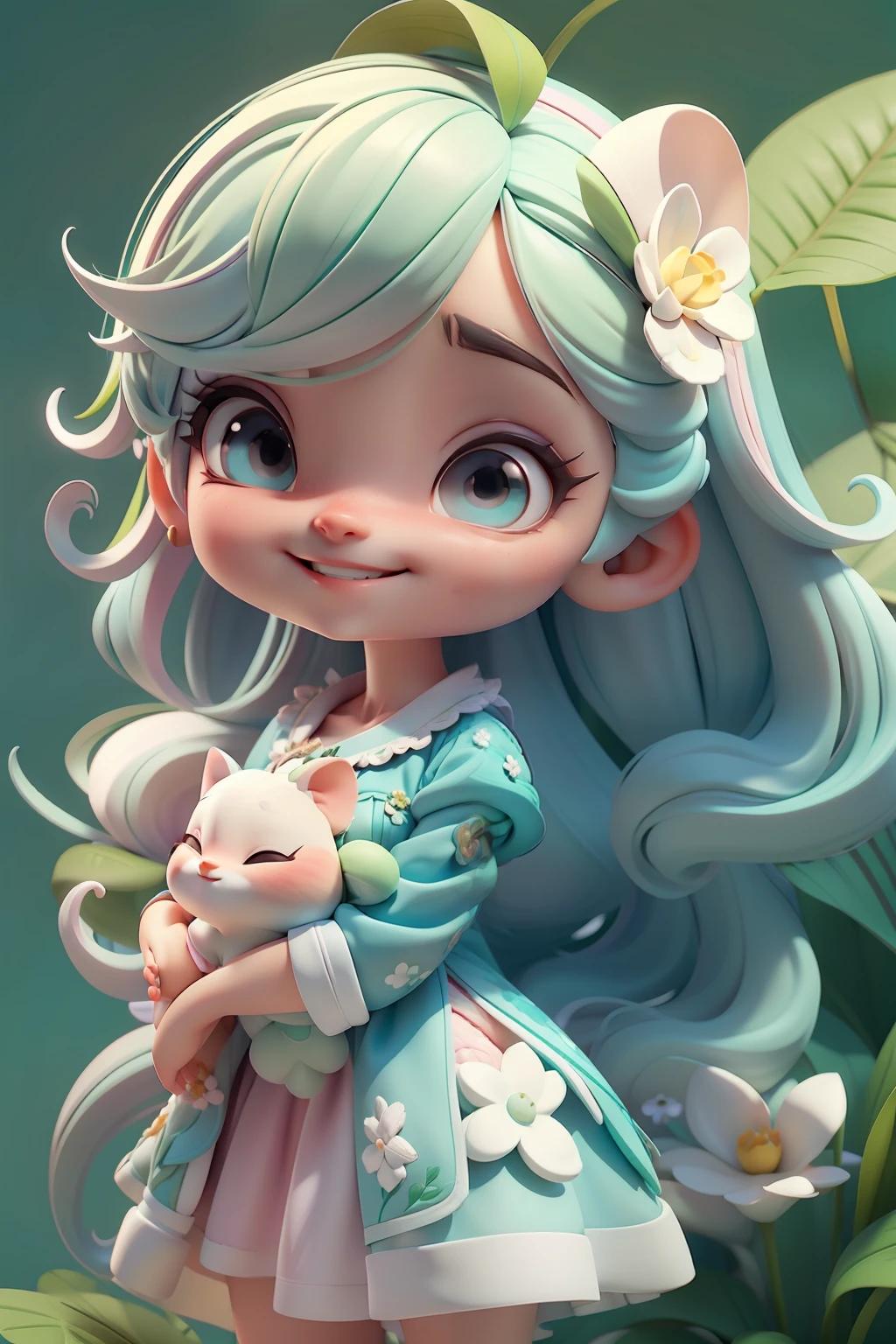 Avatar ,sorriso meigo e delicado, asas brilhante, vestida com uma jardineira, corpo inteiro,pele clara e olhos delicados e definidos,cartoon 3D com blusa delicada,, casaco peludinha, cabelos multicolor, fundo simples e branco