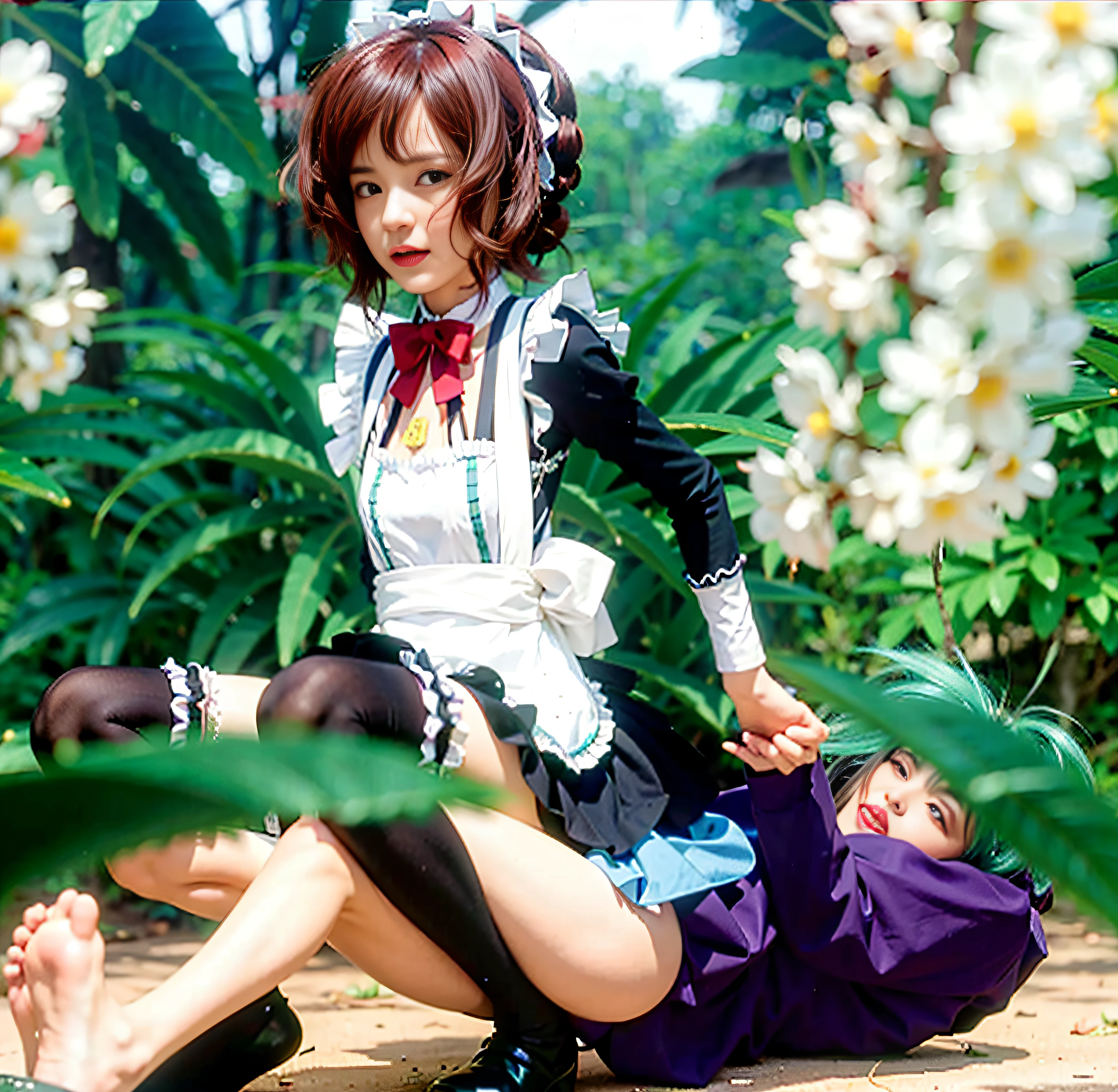 cena de anime de uma mulher deitada nas costas de um homem em um jardim, Anime Maids montando tanques antigos, anime maid ss militar, a sexy maid in a magical forest, anime em um traje de empregada, a maid in a magical forest, captura de tela do anime, Meninaanime em uma fantasia de empregada, Loli, captur tela do filme anime, gorgeous maid, Captura de tela do anime Guro
