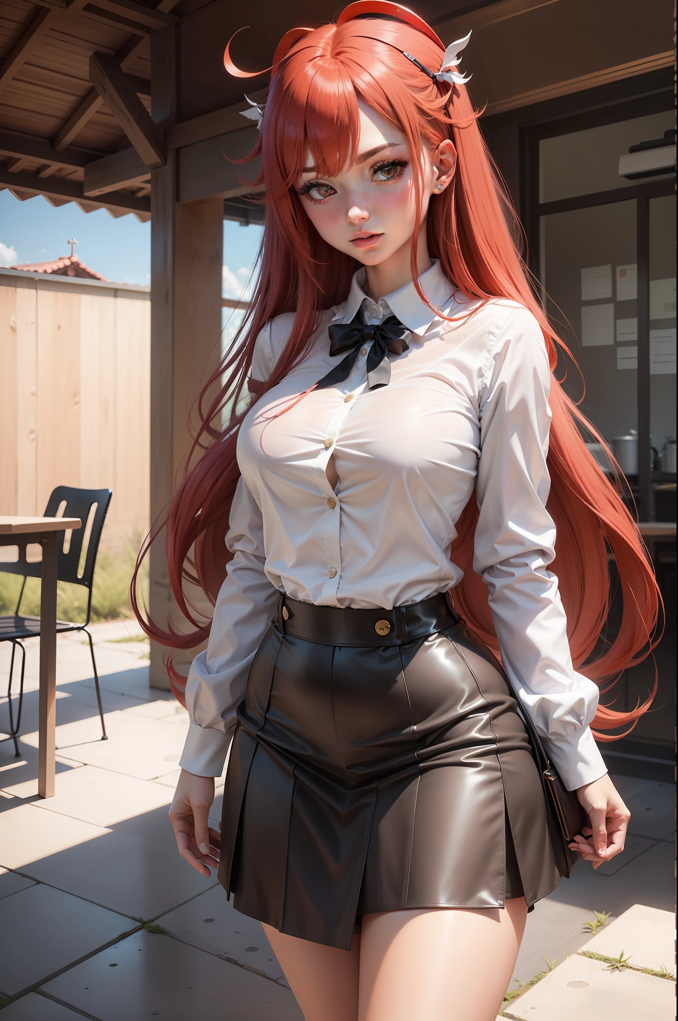 obra-prima, melhor qualidade, highres, melhor qualidade, highres, rias gremory, 1girl, cabelo longo, uniforme escolar, cabelo vermelho, ahoge, olhos azuis, seios grandes, cabelo longo, seios, saia vermelha, ahoge, mangas curtas, camisa branca, camisa de gola, meias, pernas esbeltas, realismo