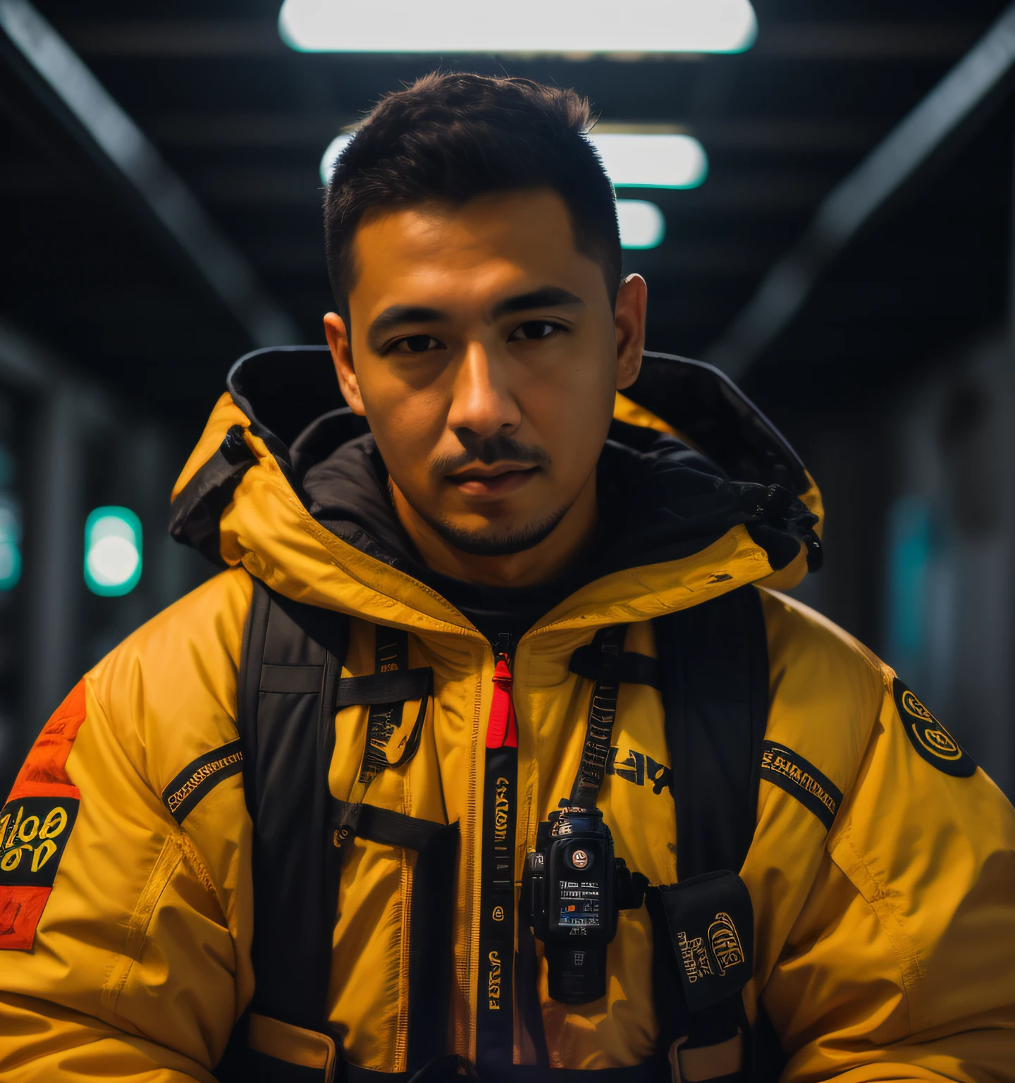 Homem japones de jaqueta amarela e jaqueta preta sentada, Retrato tirado 8 K, Retrato no meio da foto, Tiro em Sony A 7 III, Tiro na Canon EOS R5, Tiro na Canon EOS R 5, Anton Fadeev 8 K, Tiro na Nikon Z9, inspirado em Liam Wong, Tirado com Canon 5D MK4, foto de retrato