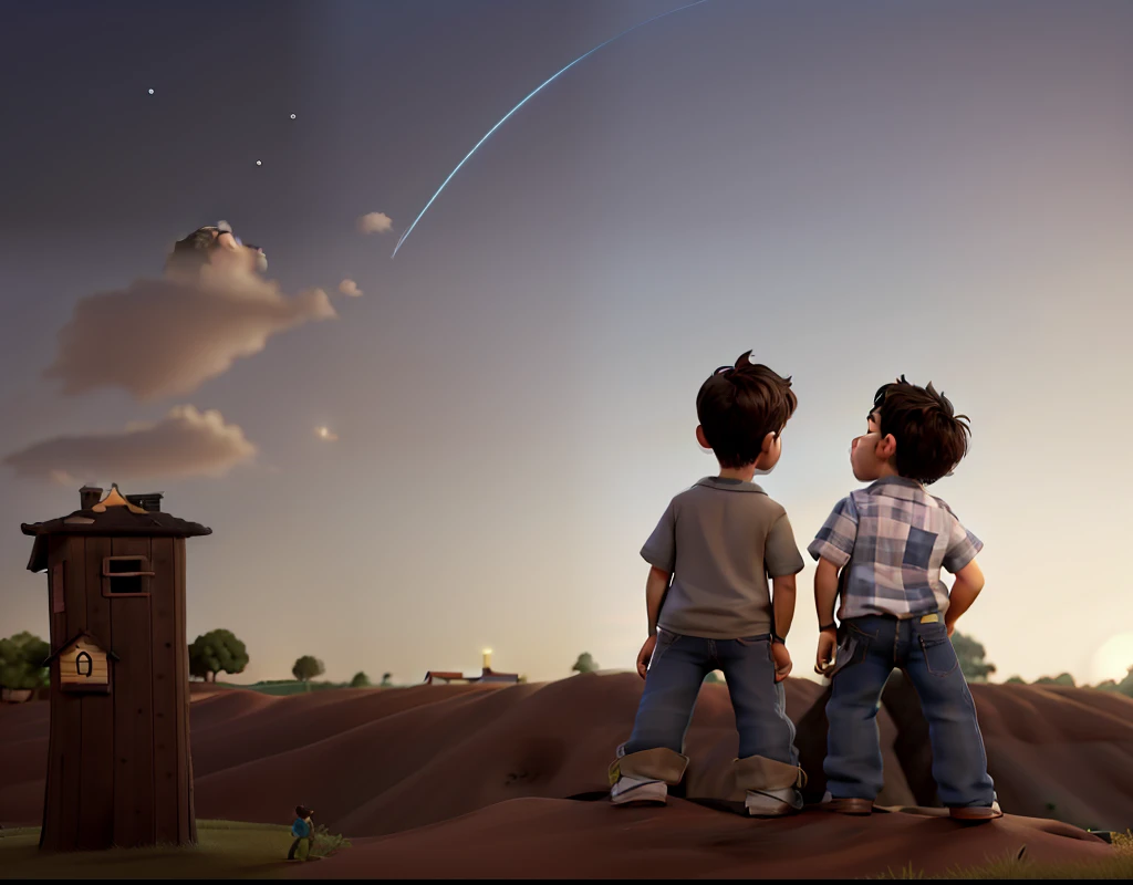 obra prima, Two young boy boys on their backs looking up at the star-filled sky, um de cabelo black-power bem detalhados com detalhes loiros, de pele negra ao seu lado outro jovem garoto da cor morena, with cap, e camiseta, In the background beautiful trees with some humble houses illuminating the surroundings, professional studio lighting 8k