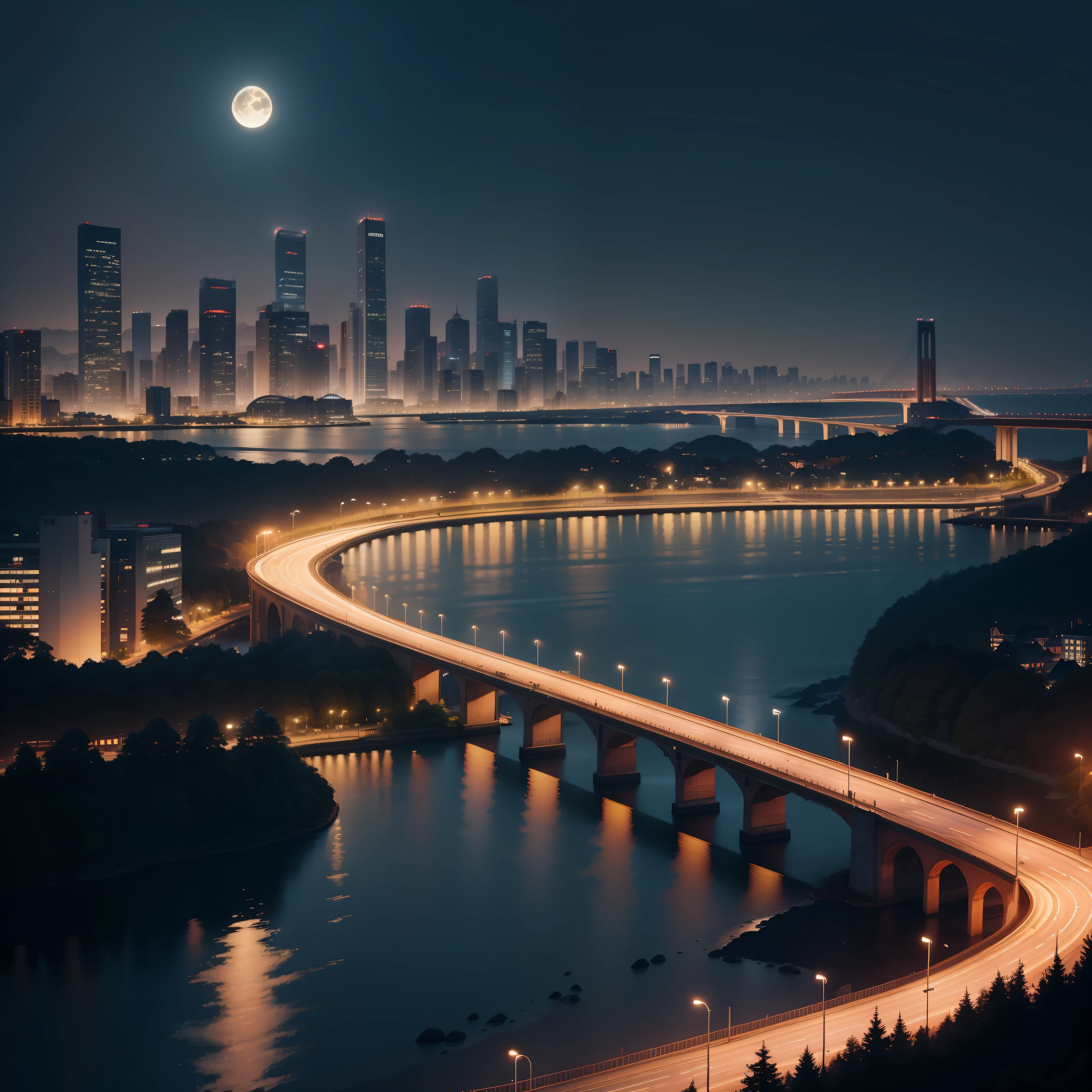 城市，Left road，Middle river，viaduct，Tall building on the right，the night，lamplight，themoon，8k