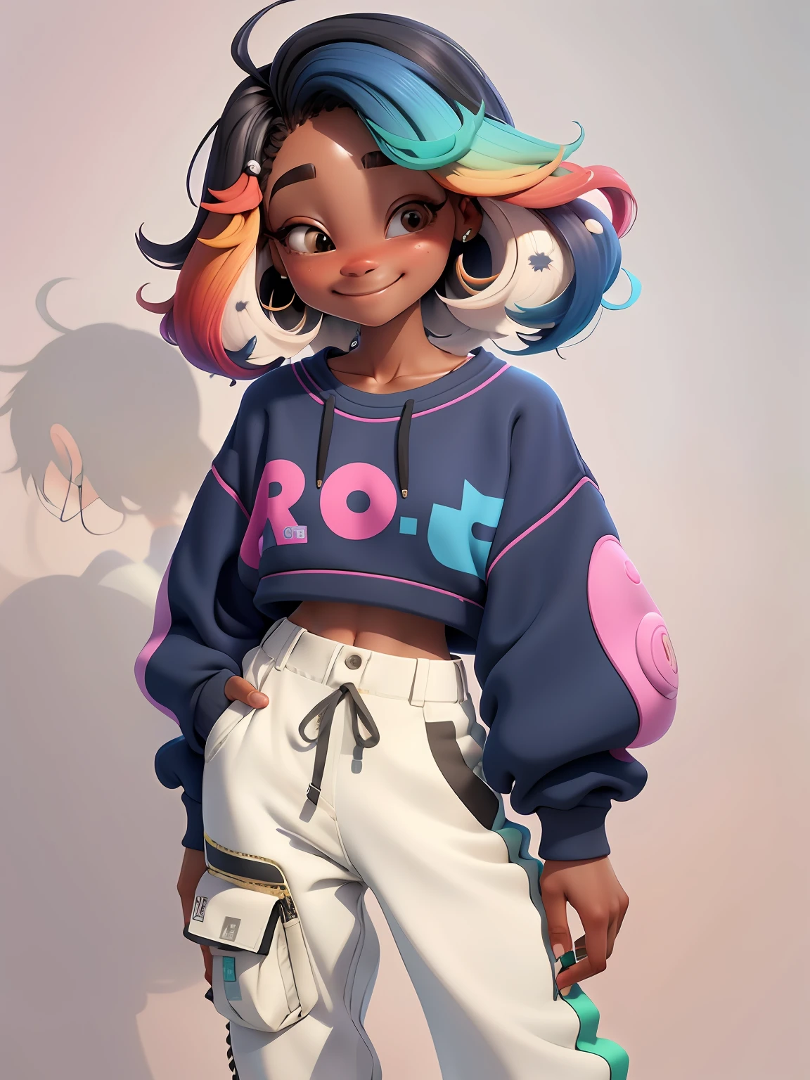 uma morena, corpo inteiro, sorrindo, cabelo longo, multicolorido, curto, enrolado, com fones de ouvido, sweatshirt and pants, multicoloridoido, tridimensional, Miscellaneous color matching, using resolution