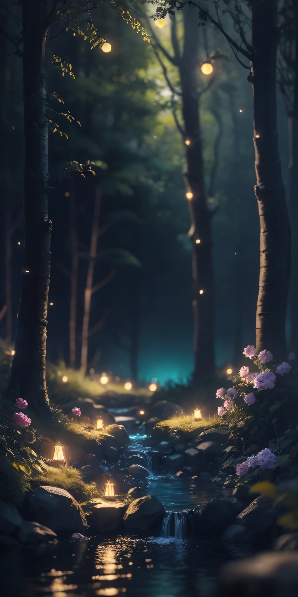 Masterpiece, best quality, (very detailed CG unity 8k wallpaper), (best quality), (best illustration), (best shadows), glow sprite, with a glowing deer, in the swimming pool Drinking water, natural elements in the forest theme. Mysterious forest, beautiful forest, nature, surrounded by flowers, delicate leaves and branches surrounded by fireflies (natural elements), (jungle theme), (leaves), (twigs), (fireflies), (particle effects) etc. 3D , Octane rendering, ray tracing, super detailed --v6