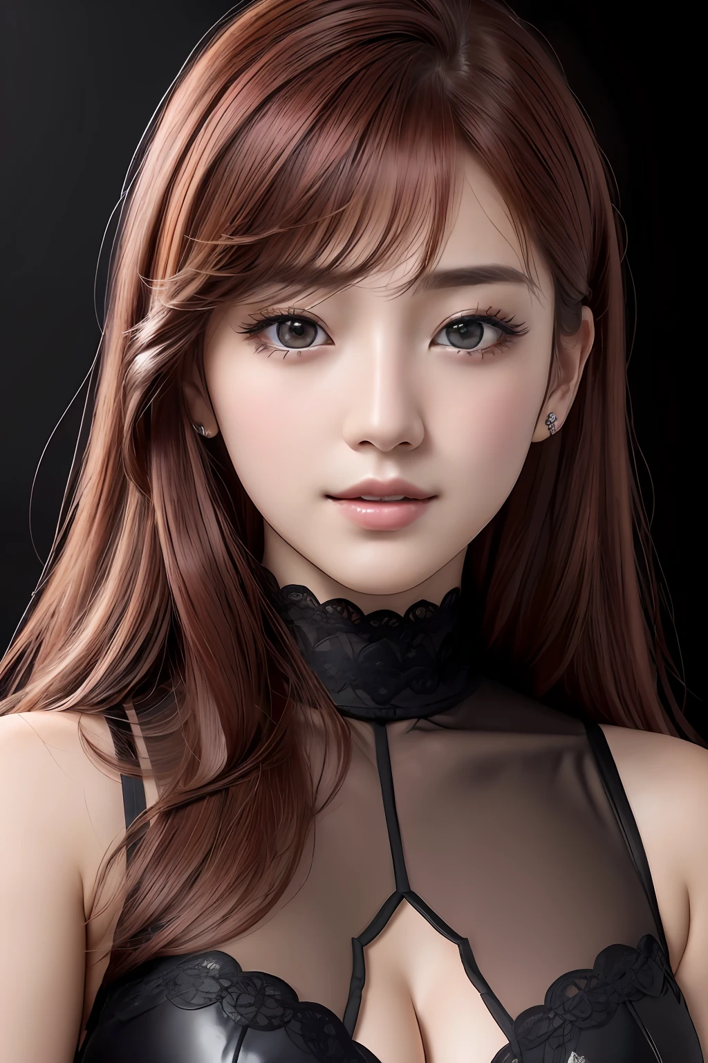 absurdres, 1girl, star eye, blush, (realistic:1.5), (masterpiece, Extremely detailed CG unity 8k wallpaper, best quality, highres:1.2), (ultra_detailed, UHD:1.2), (pixiv:1.3), perfect illumination, distinct, (bishoujo:1.2), looking at viewer, unreal engine, sidelighting, perfect face, detailed face, beautiful eyes, pretty face, (bright skin:1.3), idol, (abs), ulzzang-6500-v1.1, soft smile, upper body, (dark red hair), (simple background), ((dark background)), (depth of field), close-up, selfie
