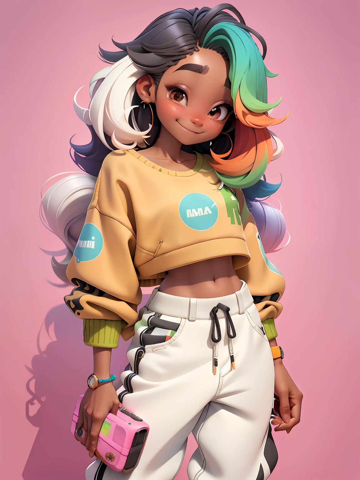 uma menina morena, corpo inteiro, sorrindo, cabelo longo, multicolorido, curto, enrolado, com fones de ouvido, sweatshirt and pants, multicoloridoido, tridimensional, Miscellaneous color matching, using resolution