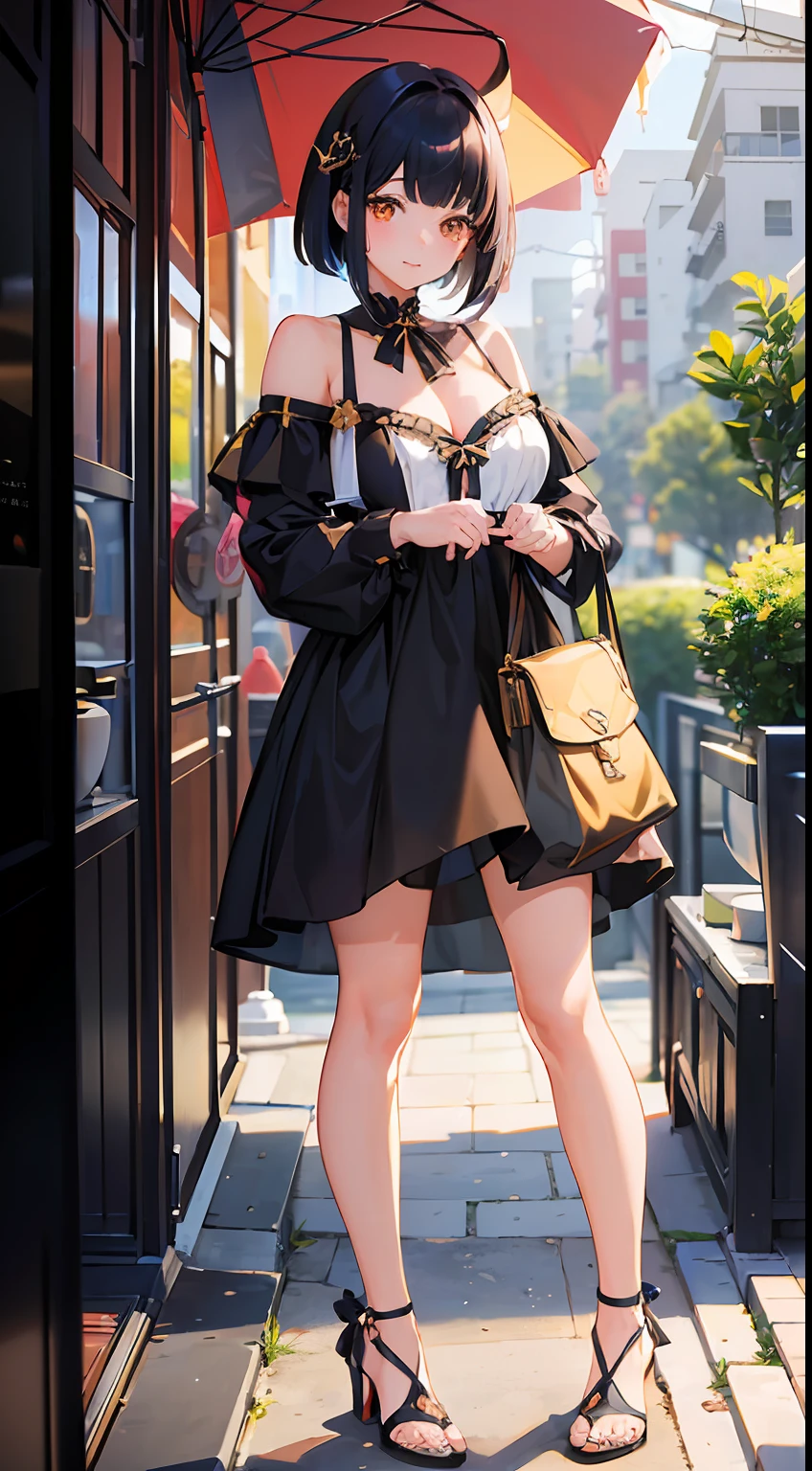 ((Best Quality)), (Ultra-detailed), ((Extremely detailed)), (Beautiful), ((Kawaii Girl)),(Bangs parted in the middle),High Gradient Bob、navy hair、,Orange Eyes,Normal breasts、Off shoulder dress、sandal、Full body standing,1 woman,At the resort、Anime