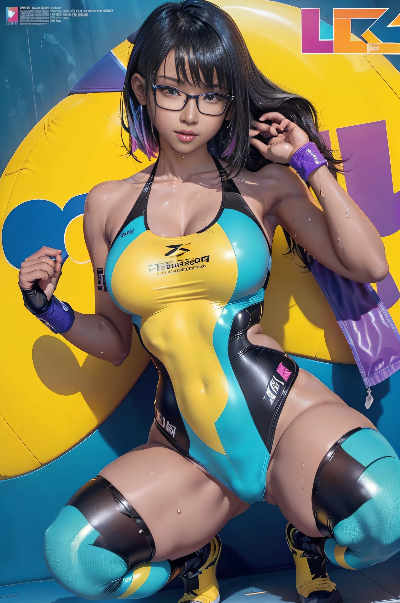 Squatting!、dynamicposes、legs spread out、eye glasses、darkskin、Sponsor Logo、(lightsmile:1.07),cyberpunked、Sleeveless、(Shiny colorful beach volleyball costume)、(magazine:1.3), (cover-style:1.3),(Dripping wet body:1.15)、Hands behind the head、(FULL BODYSHOT)、((masterpiece))、 super fine face and eyes,Colorful Korean Idol Hair,Look at viewers、