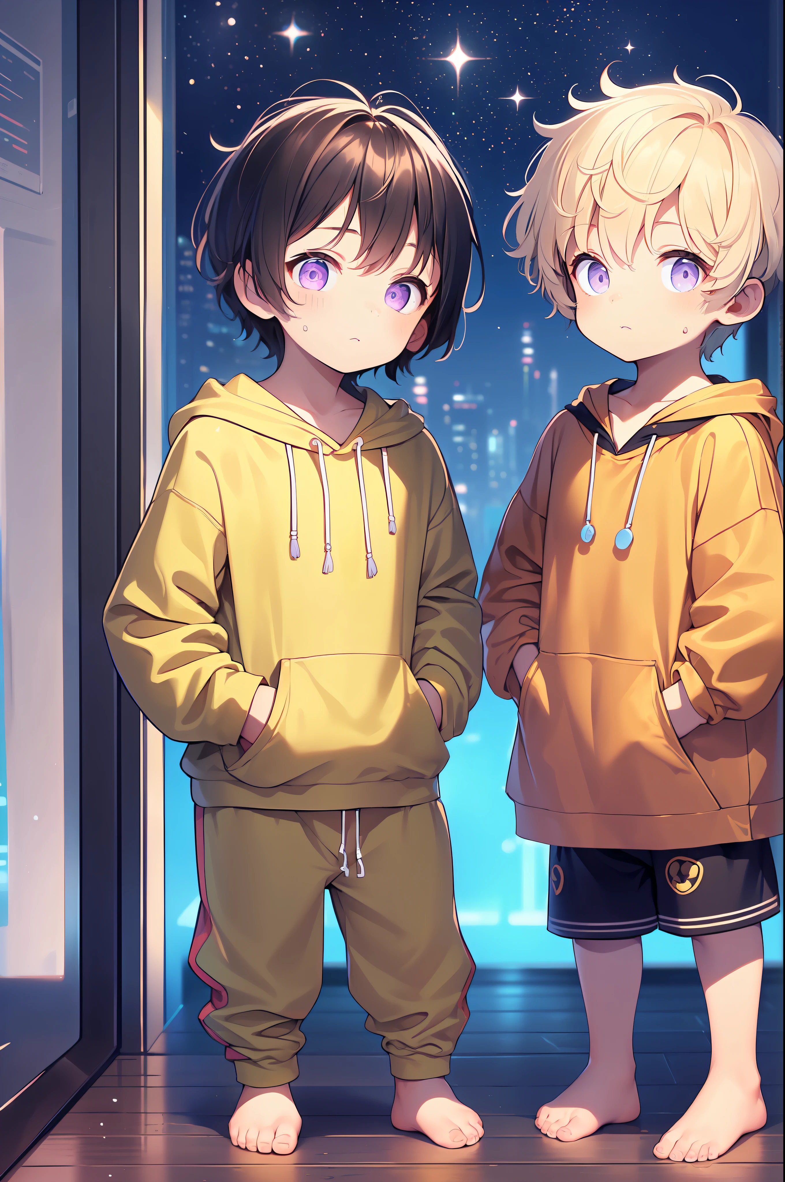 2 Little boys with golden colored hair and shiny, glowing purple eyes and barefoot and small feet, who wear a yellow oversized hoodie and sweatpants, die auf einem Fenstersims sitzen, flush, Jung, Junge, Kind, klein, Kleinkind, tiny feet, (Jogginghose:1.4), (Jung:1.4), (Kind:1.4), (Shota:1.4), (Kapuzenpullover:1.4), (standing on tiptoes:1.4)