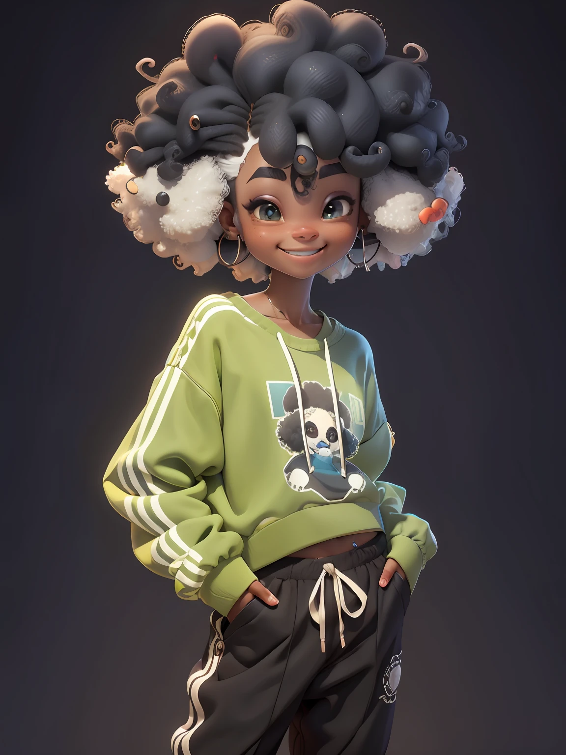 uma menina afro, corpo inteiro, sorrindo, cabelo longo, multicolorido, curto, enrolado, com fones de ouvido, sweatshirt and pants, multicoloridoido, tridimensional, Miscellaneous color matching, using resolution
