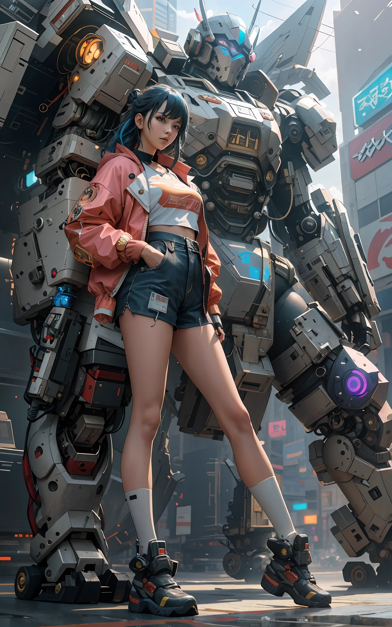 Anime girl next to giant robot in a city, cyberpunk menina anime mech, arte digital do anime cyberpunk, Ross Tran 8 K, Wojtek FUS, Arte no estilo de Guweiz, Directed by: Russell Dongjun Lu, menina em mecha cyber armor, cyberpunk digital - arte de anime, Guweiz em ArtStation Pixiv, Trend in CGTacing: