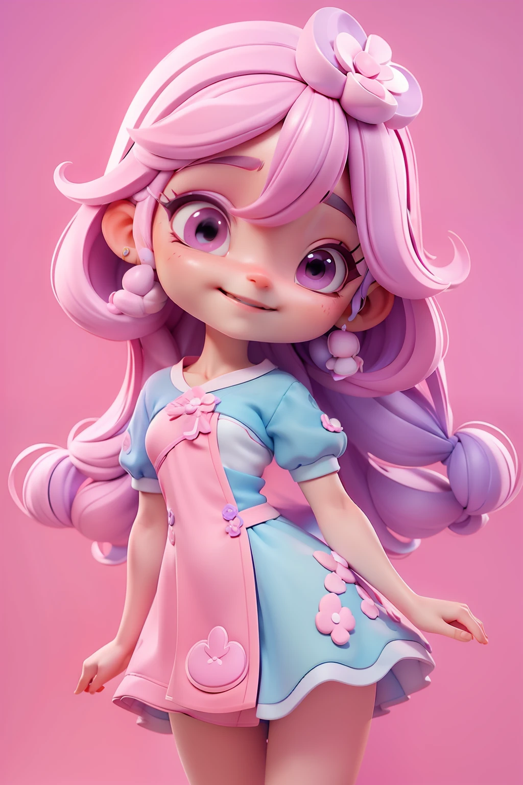 Avatar ******,sorriso meigo e delicado, pink ando lilac,vestida com uma jardineira, corpo inteiro,pele clara e olhos delicados e definidos,cartoon 3D com blusa delicada,, casaco peludinha, cabelos multicolor, fundo simples e branco