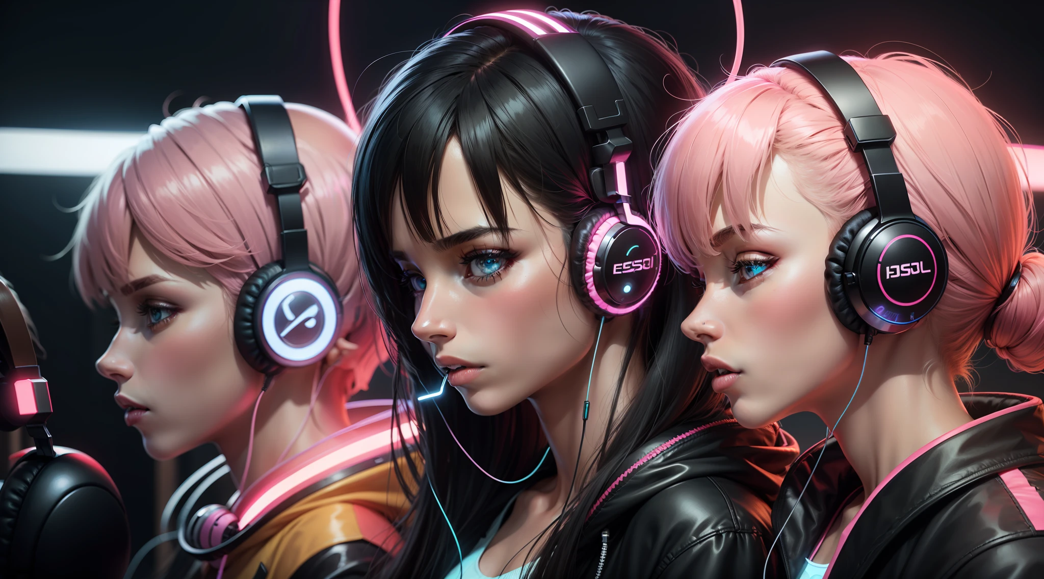 pessoas com headphone, neon
