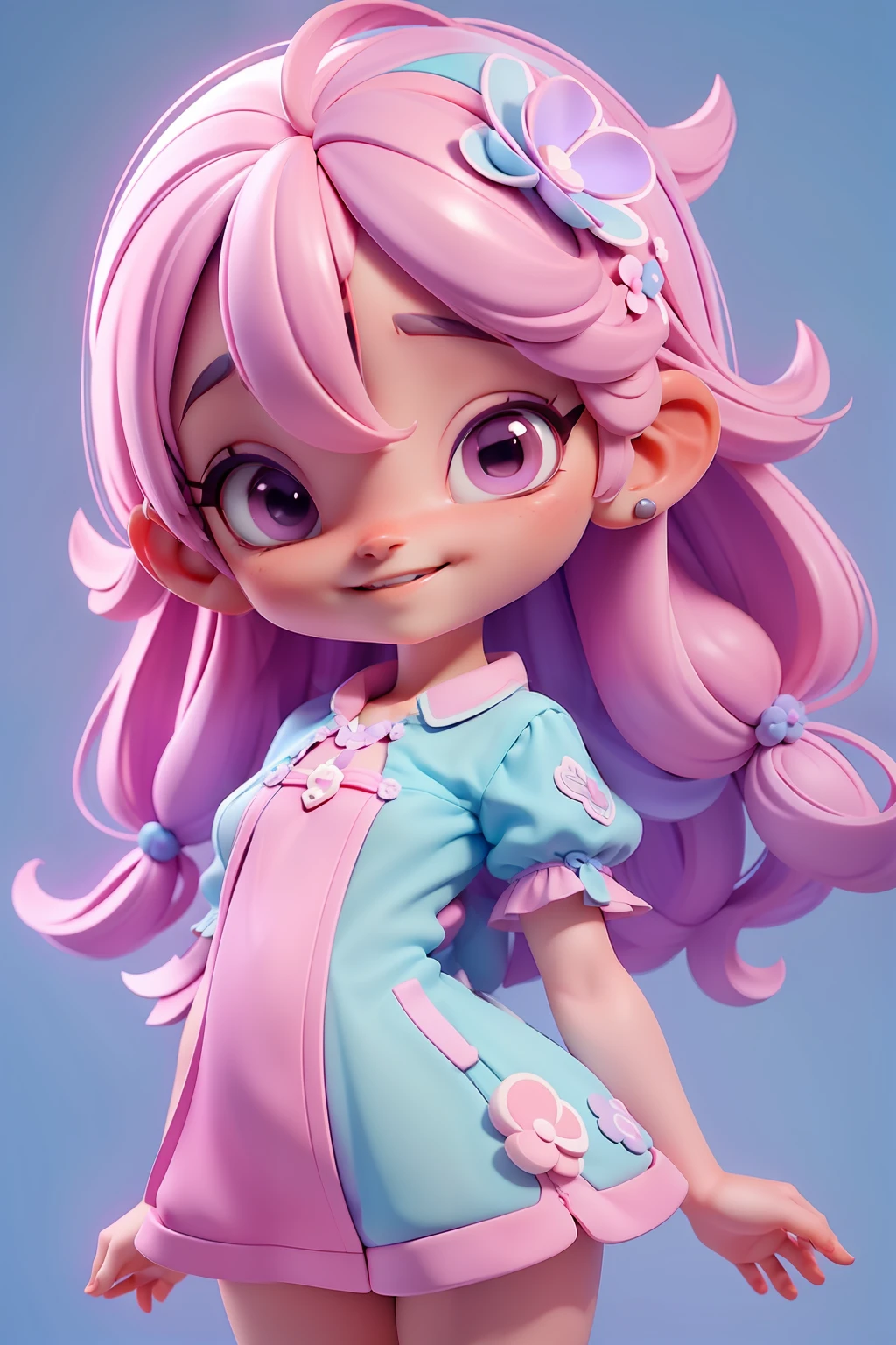 Avatar ,sorriso meigo e delicado, pink ando lilac,vestida com uma jardineira, corpo inteiro,pele clara e olhos delicados e definidos,cartoon 3D com blusa delicada,, casaco peludinha, cabelos multicolor, fundo simples e branco