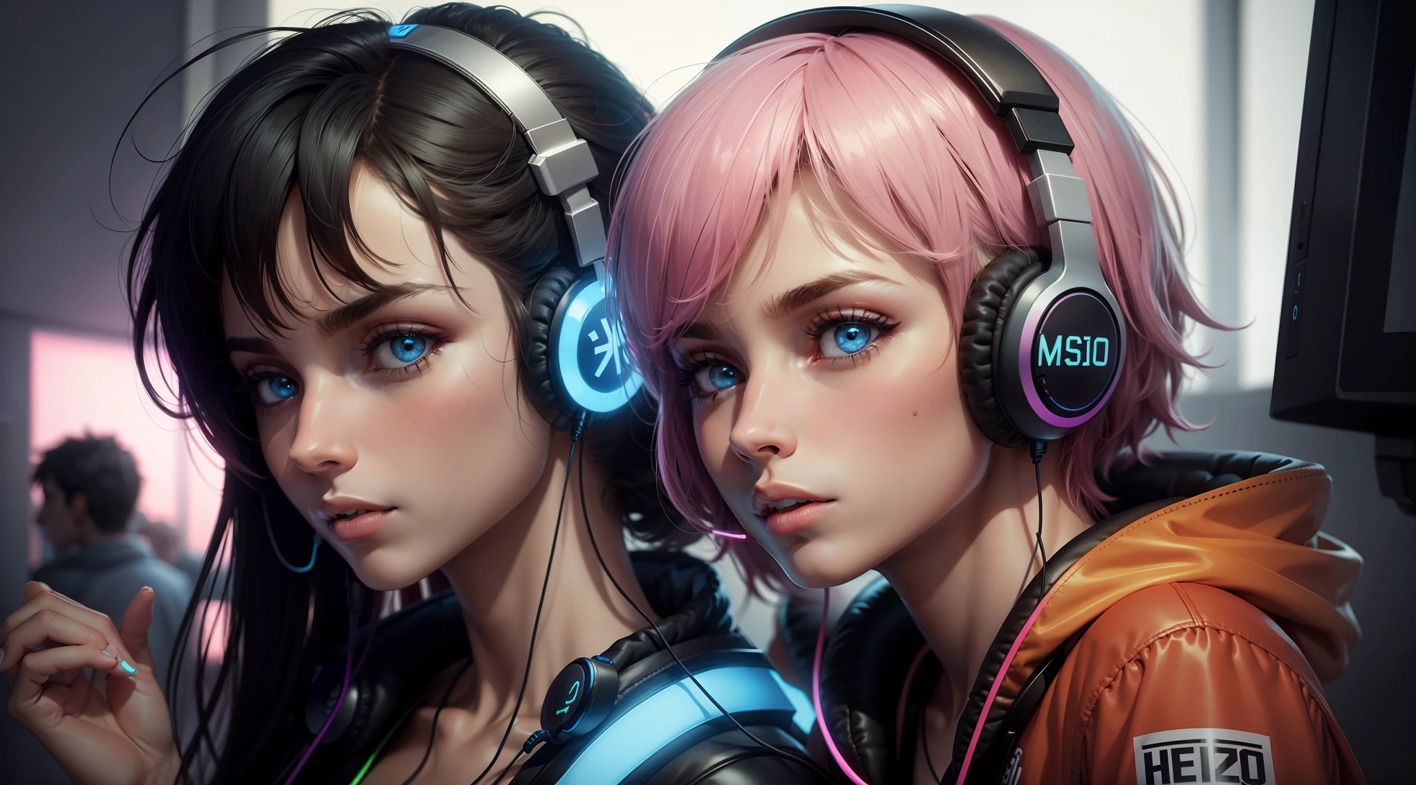 pessoas com headphone, neon
