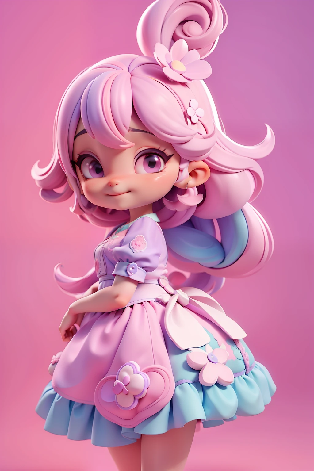 Avatar menina,sorriso meigo e delicado, pink ando lilac,vestida com uma jardineira, corpo inteiro,pele clara e olhos delicados e definidos,cartoon 3D com blusa delicada,, casaco peludinha, cabelos multicolor, fundo simples e branco