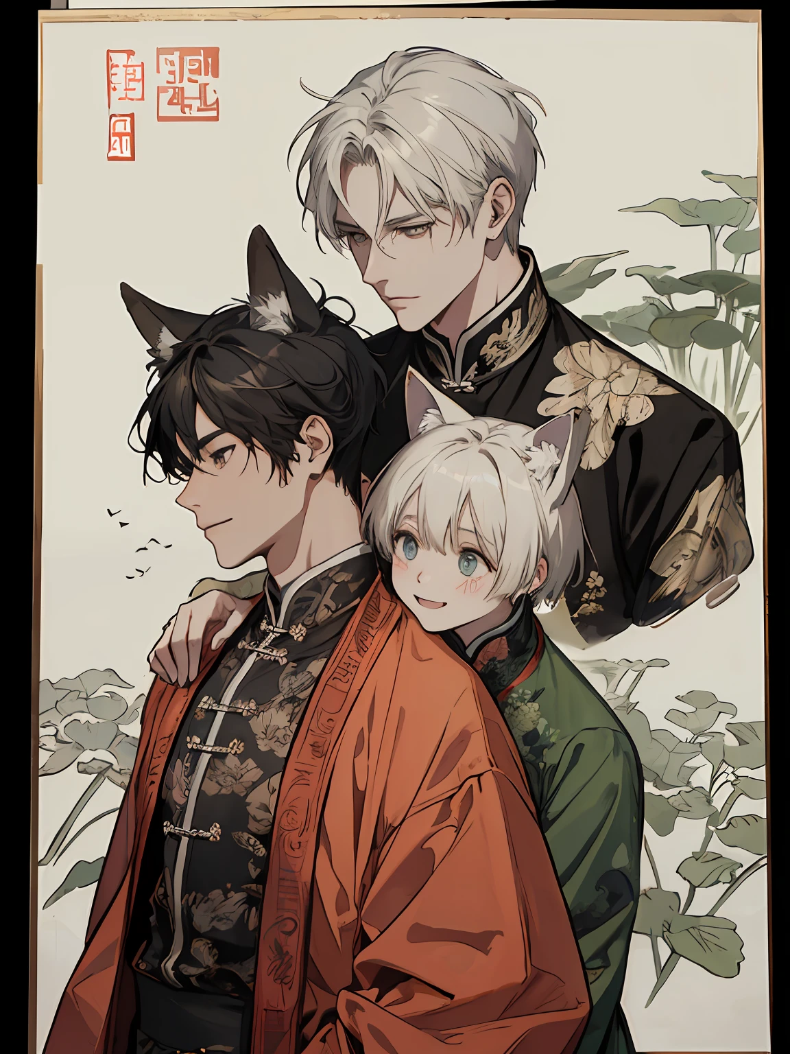 ((4K、masterpiece、top-quality))、(Two men smiling face to face)、Gray-haired man with beautiful fox ears、Armin Arlert、Strong man with black hair with wolf ears、Aalvin Smith、ink and watercolor painting、Traditional Chinese Ink Painting、lotuses、Hanfu、Maxi Kit、Dress conservatively、Animal ears,、bule、florals、Lots of flowers nearby、shenron、extra detailed face